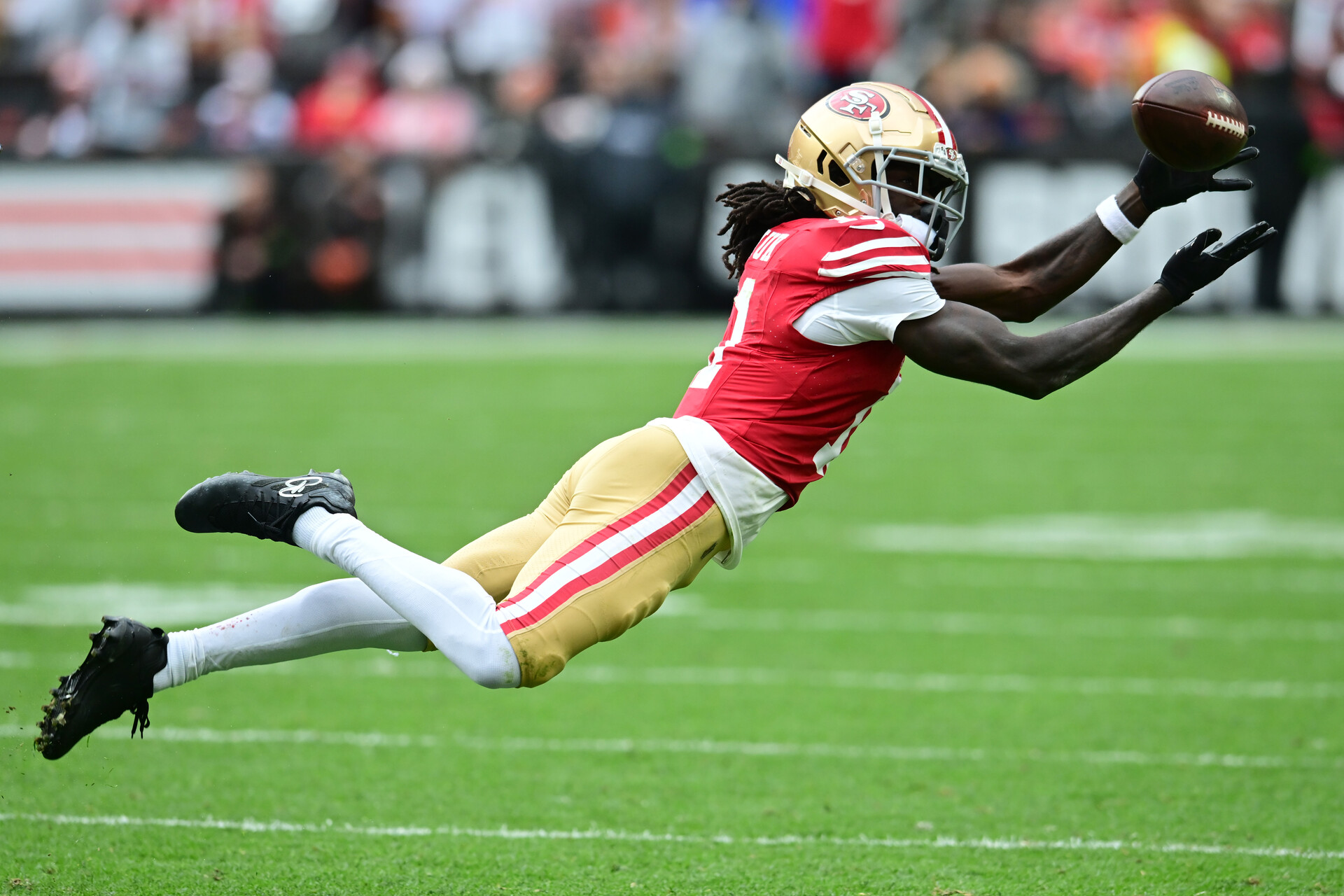 Oct 15, 2023; Cleveland, Ohio, USA; San Francisco 49ers wide receiver Brandon Aiyuk (11) just misses a catch during the second half against the Cleveland Browns at Cleveland Browns Stadium.
