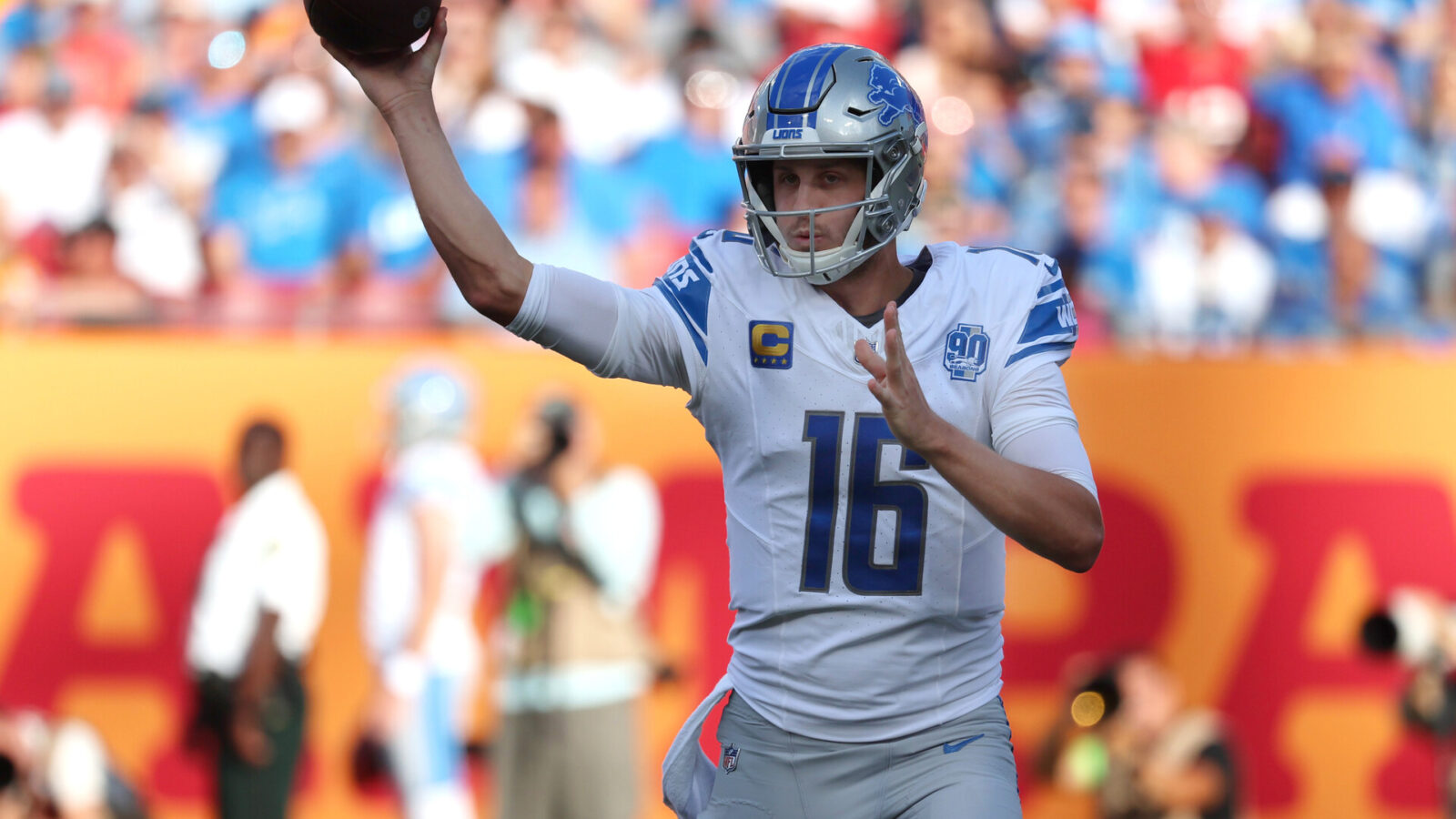 Oct 15, 2023; Tampa, Florida, USA; Detroit Lions quarterback Jared Goff (16) throws the ball against the Tampa Bay Buccaneers during the first half at Raymond James Stadium.