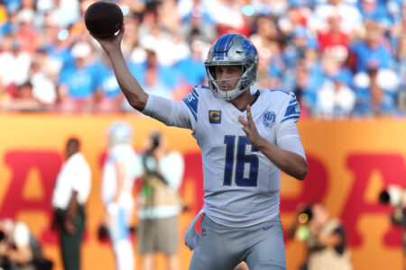Oct 15, 2023; Tampa, Florida, USA; Detroit Lions quarterback Jared Goff (16) throws the ball against the Tampa Bay Buccaneers during the first half at Raymond James Stadium.