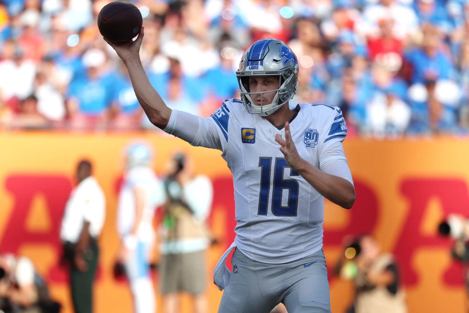 Oct 15, 2023; Tampa, Florida, USA; Detroit Lions quarterback Jared Goff (16) throws the ball against the Tampa Bay Buccaneers during the first half at Raymond James Stadium.
