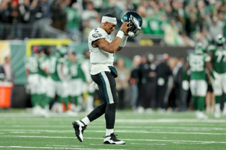 Oct 15, 2023; East Rutherford, New Jersey, USA; Philadelphia Eagles quarterback Jalen Hurts (1) reacts as he walks off the field during the fourth quarter against the New York Jets at MetLife Stadium.