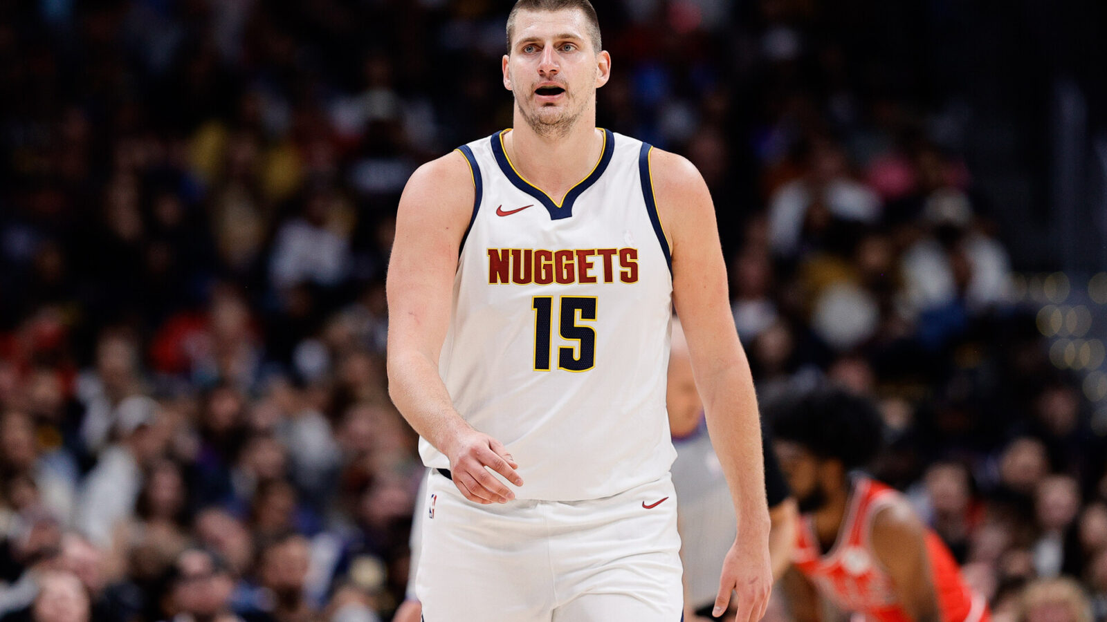 Oct 15, 2023; Denver, Colorado, USA; Denver Nuggets center Nikola Jokic (15) in the second quarter against the Chicago Bulls at Ball Arena.