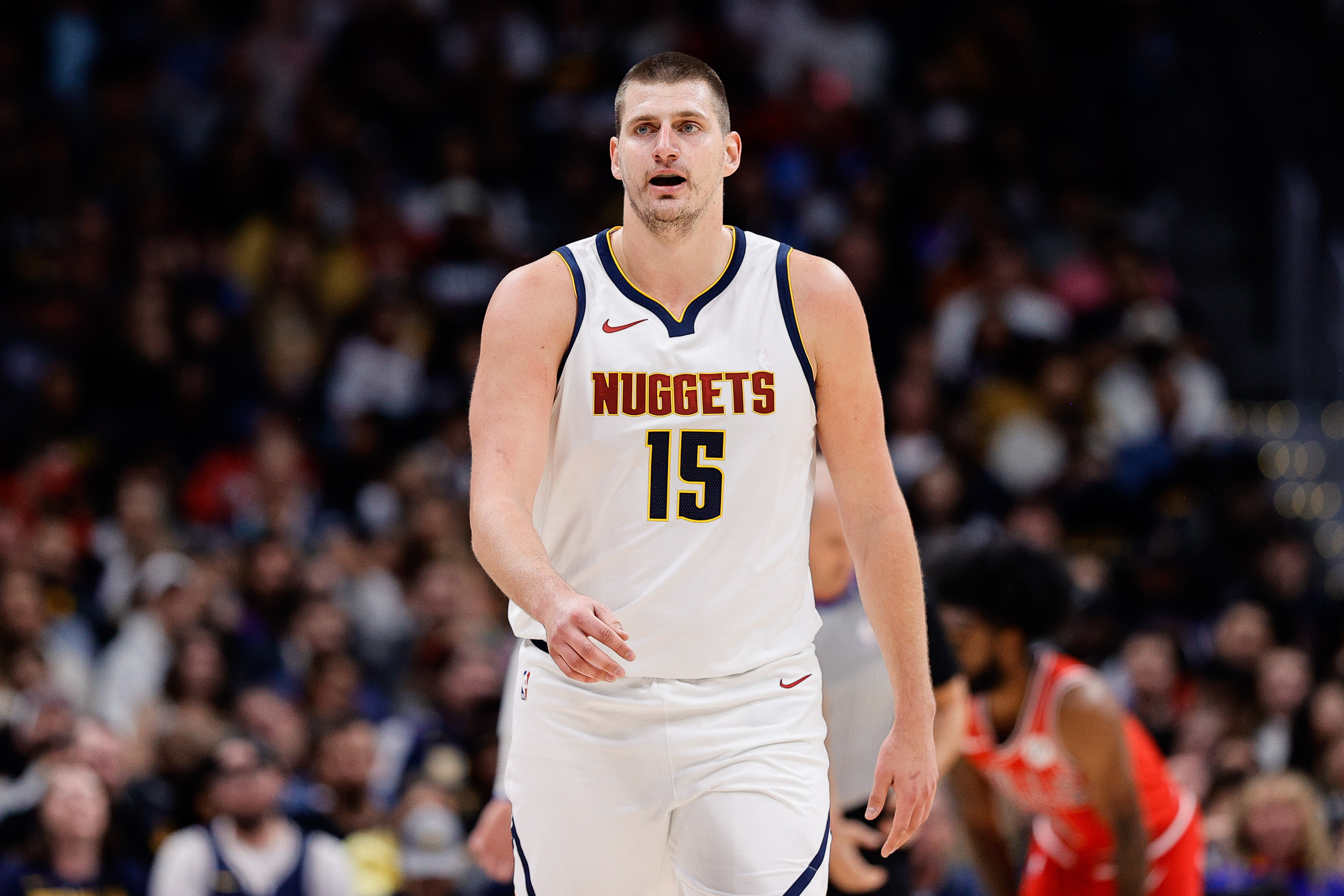 Oct 15, 2023; Denver, Colorado, USA; Denver Nuggets center Nikola Jokic (15) in the second quarter against the Chicago Bulls at Ball Arena.