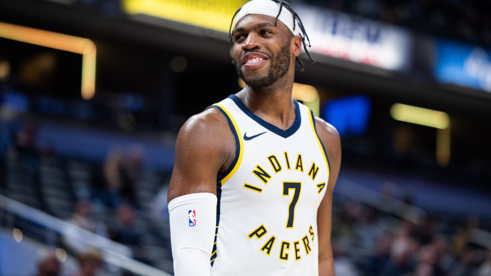 Oct 16, 2023; Indianapolis, Indiana, USA; Indiana Pacers guard Buddy Hield (7) in the second half against the Atlanta Hawks at Gainbridge Fieldhouse