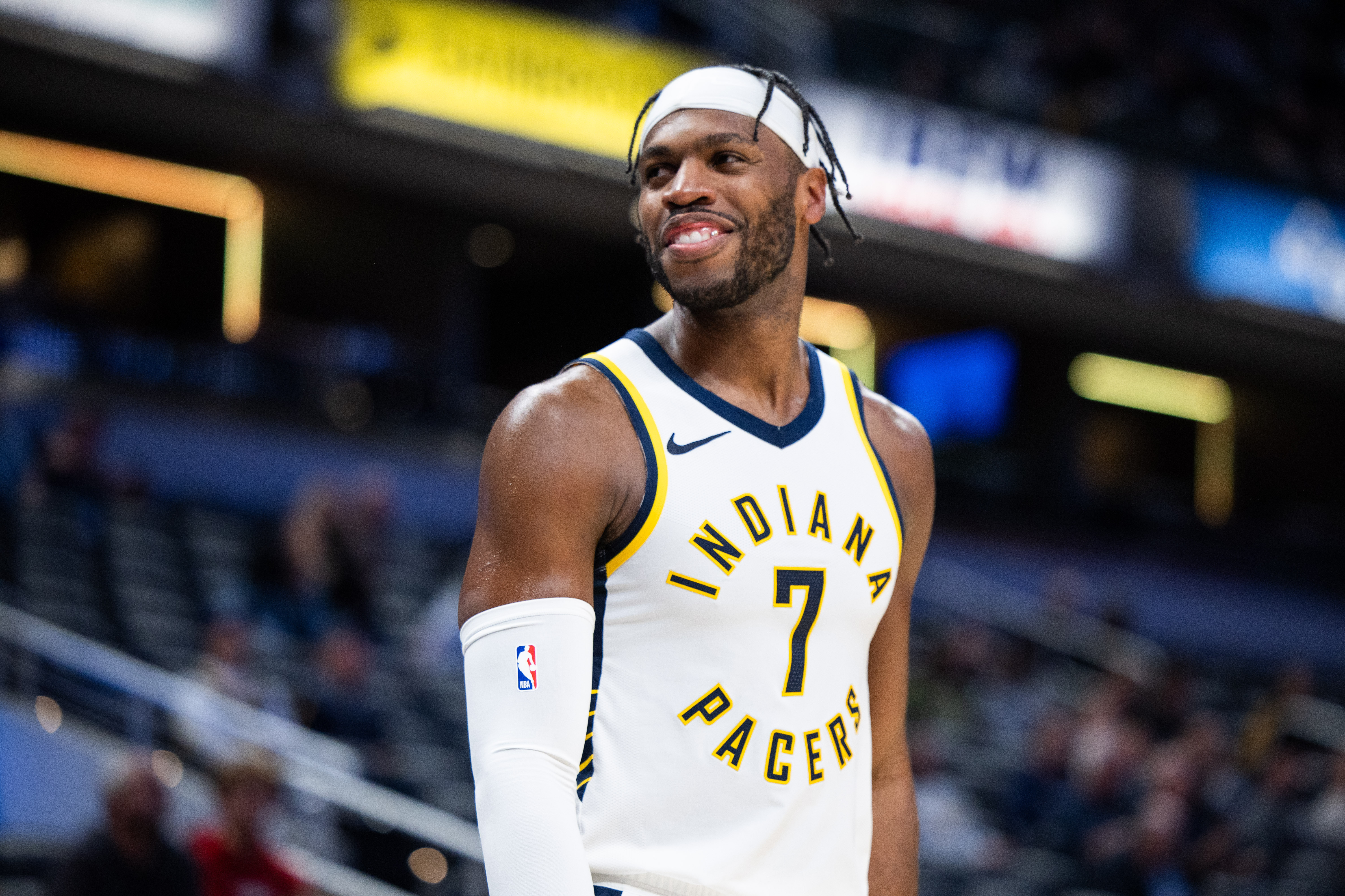 Oct 16, 2023; Indianapolis, Indiana, USA; Indiana Pacers guard Buddy Hield (7) in the second half against the Atlanta Hawks at Gainbridge Fieldhouse
