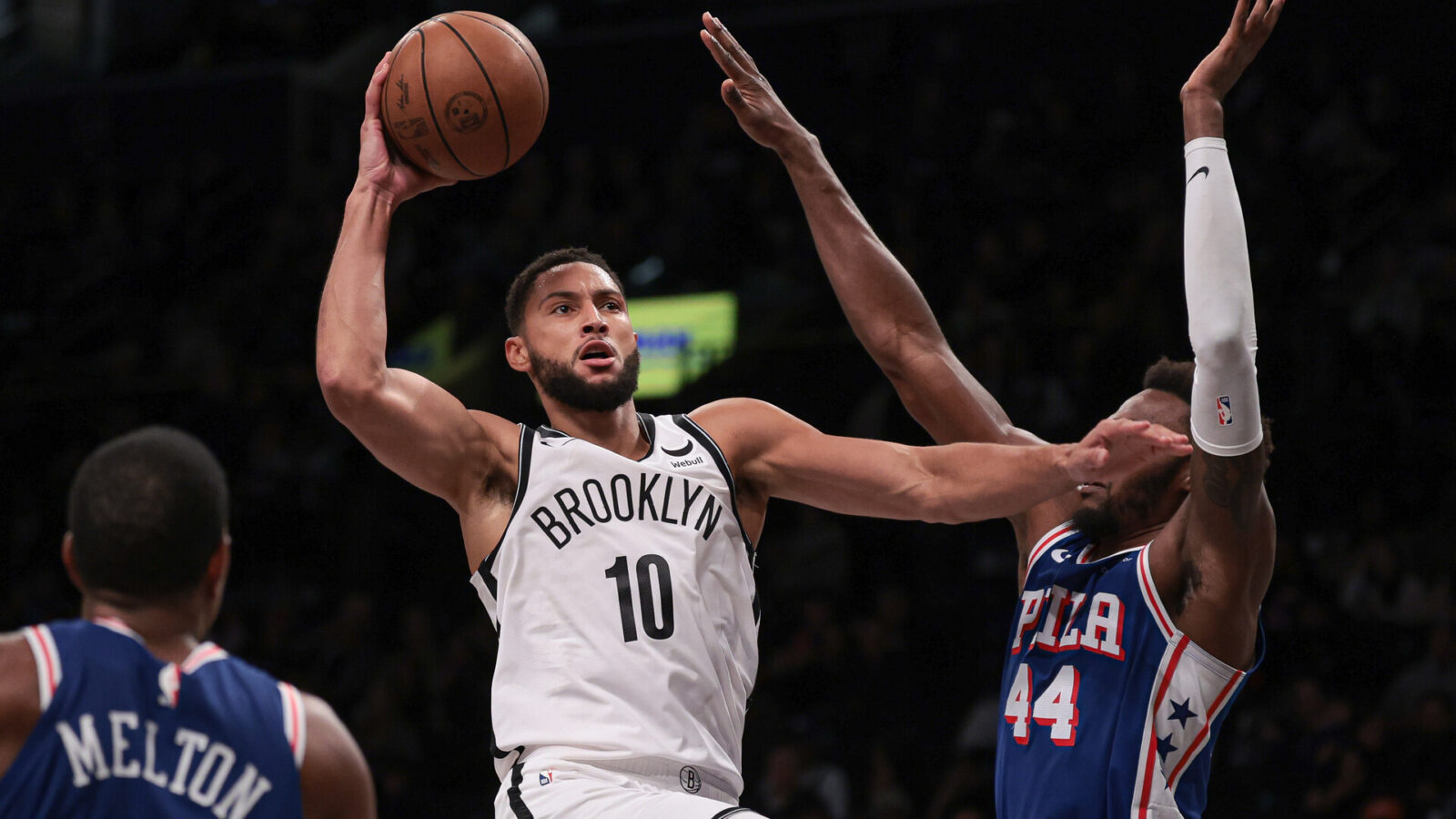Oct 16, 2023; Brooklyn, New York, USA; Brooklyn Nets guard Ben Simmons (10) drives to the basket as Philadelphia 76ers forward Paul Reed (44) defends during the second half at Barclays Center.
