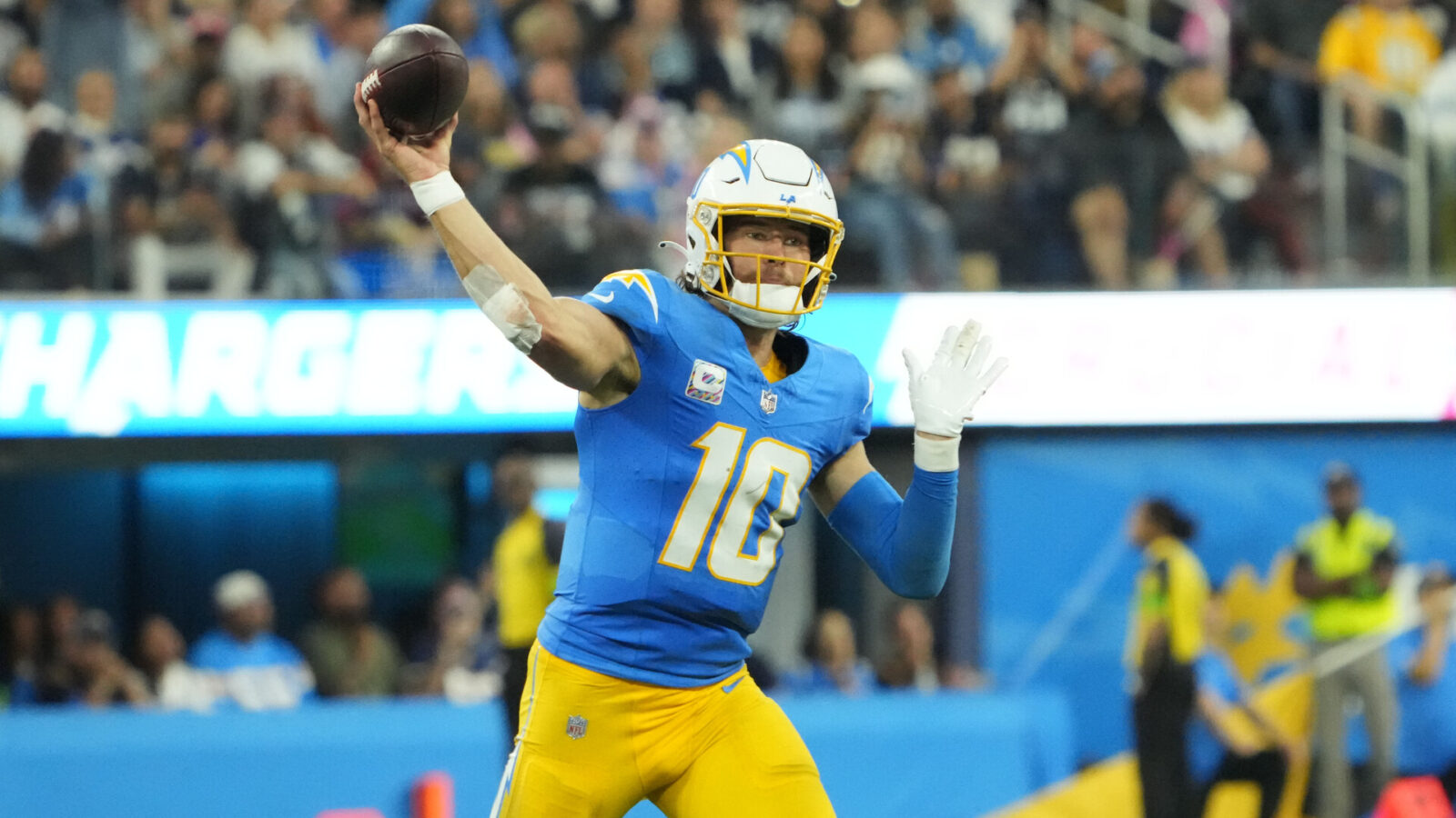 Oct 16, 2023; Inglewood, California, USA; Los Angeles Chargers quarterback Justin Herbert (10) throws the ball against the Dallas Cowboys in the second half at SoFi Stadium.