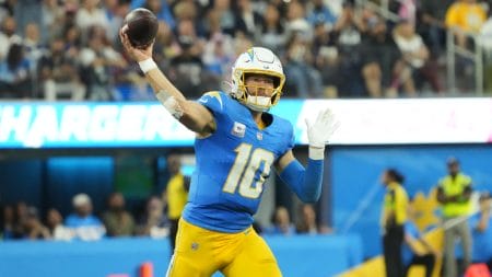 Oct 16, 2023; Inglewood, California, USA; Los Angeles Chargers quarterback Justin Herbert (10) throws the ball against the Dallas Cowboys in the second half at SoFi Stadium.