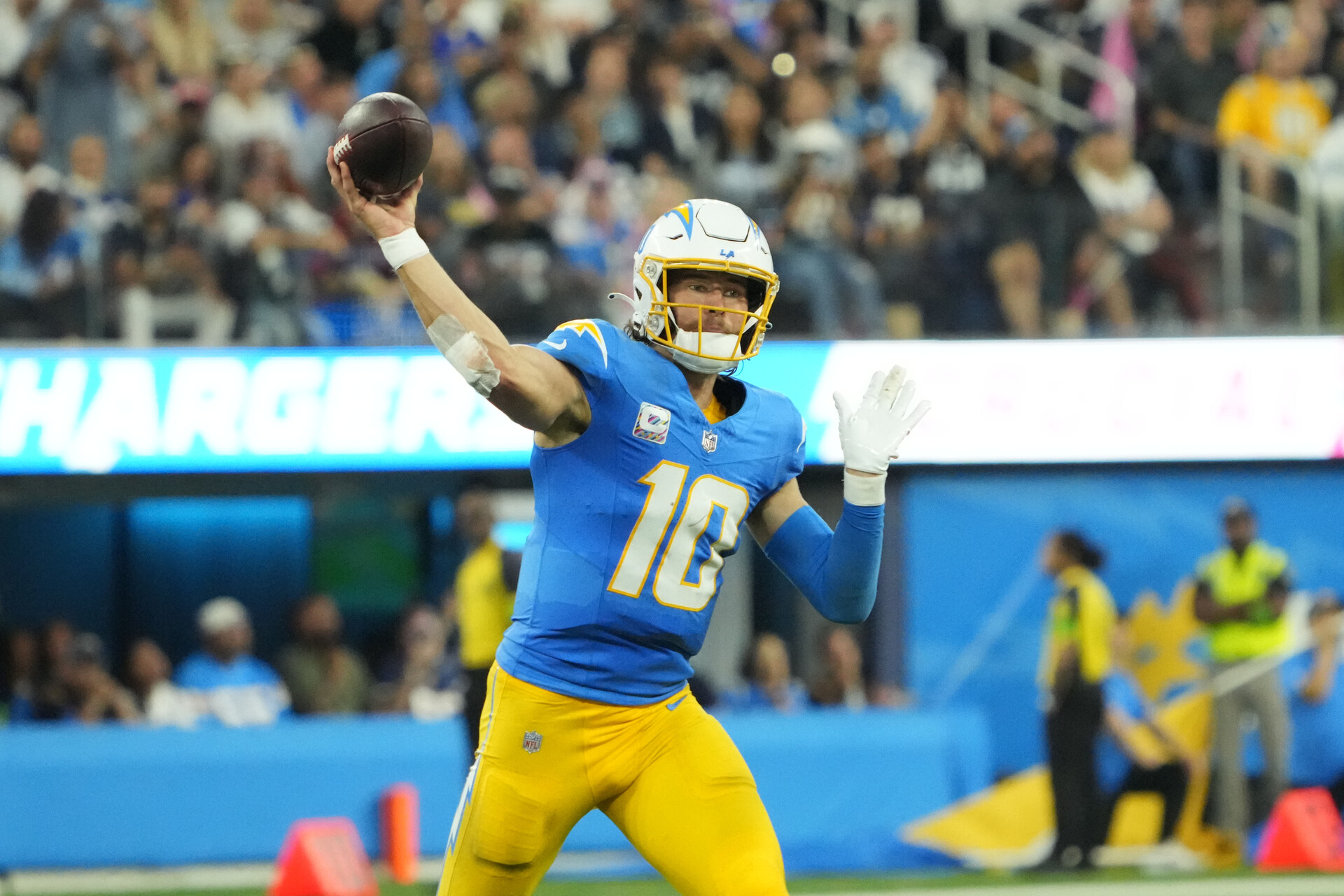 Oct 16, 2023; Inglewood, California, USA; Los Angeles Chargers quarterback Justin Herbert (10) throws the ball against the Dallas Cowboys in the second half at SoFi Stadium.