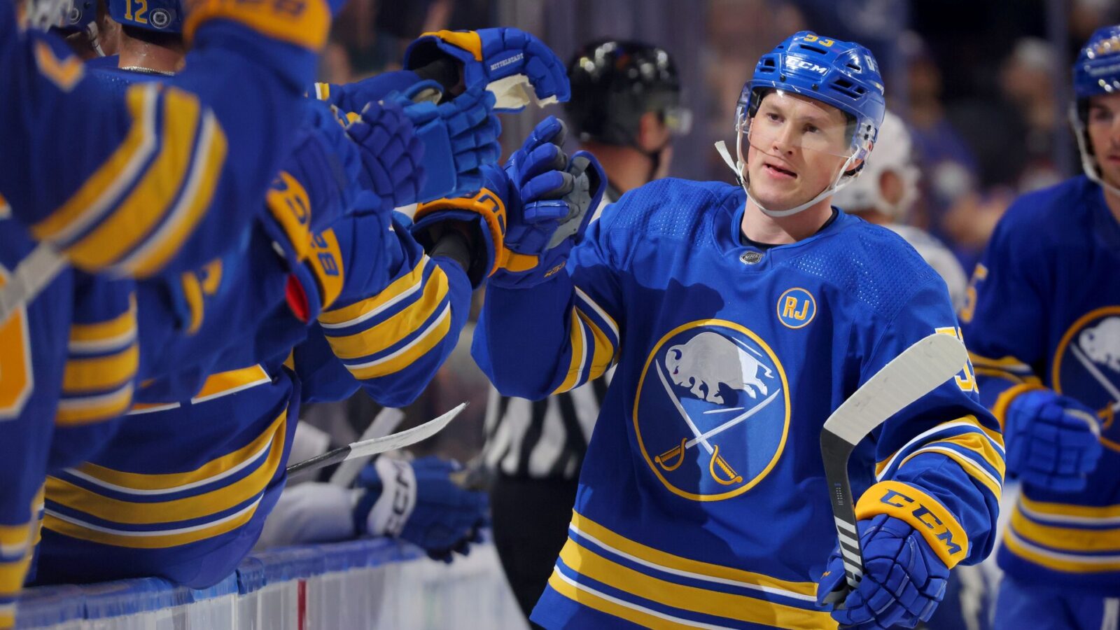 Buffalo Sabres left wing Jeff Skinner (53) celebrates his goal with teammates during the first period against the Tampa Bay Lightning at KeyBank Center.
