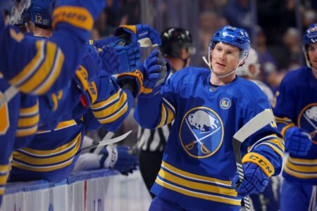 Buffalo Sabres left wing Jeff Skinner (53) celebrates his goal with teammates during the first period against the Tampa Bay Lightning at KeyBank Center.