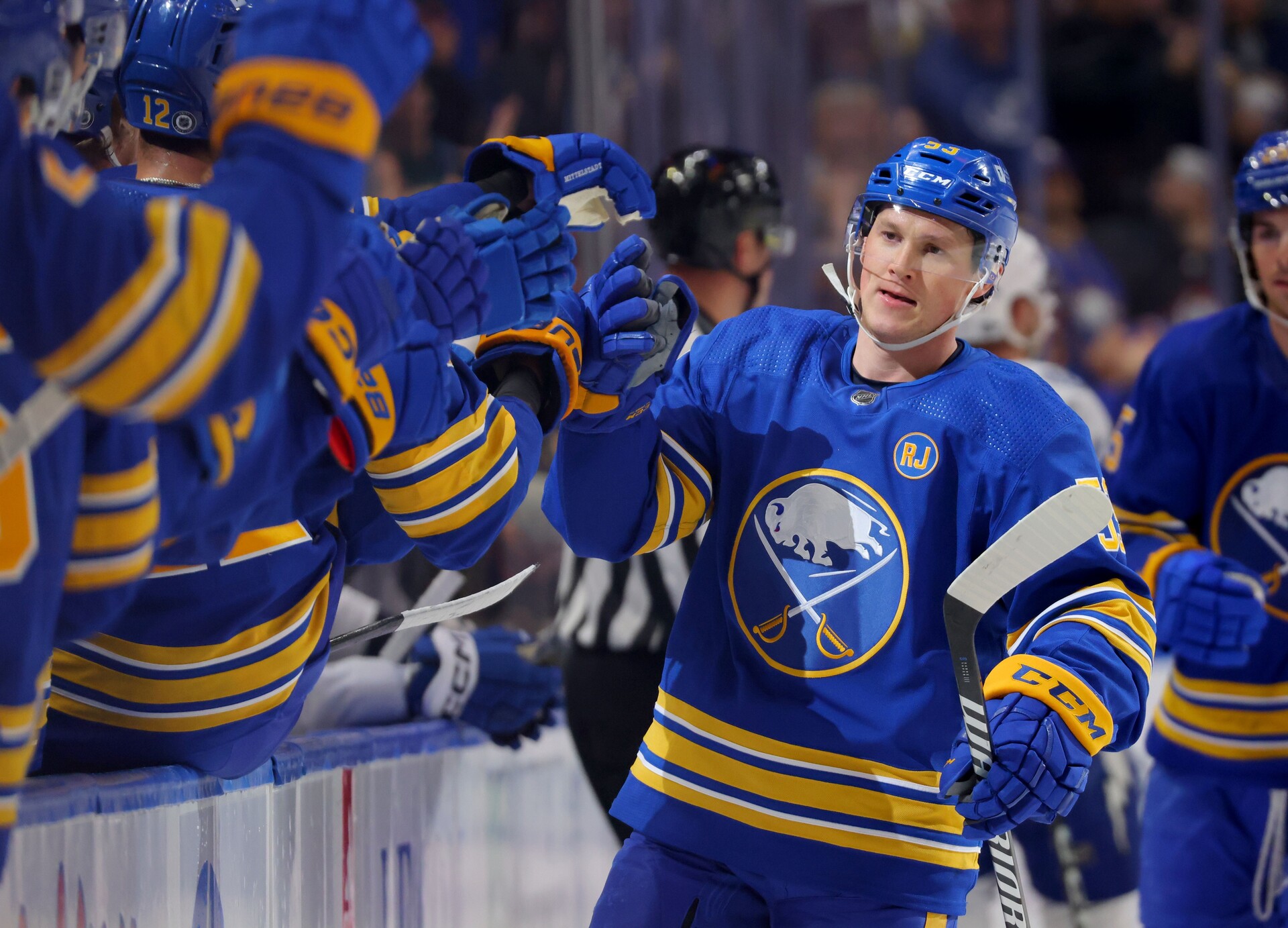 Buffalo Sabres left wing Jeff Skinner (53) celebrates his goal with teammates during the first period against the Tampa Bay Lightning at KeyBank Center.