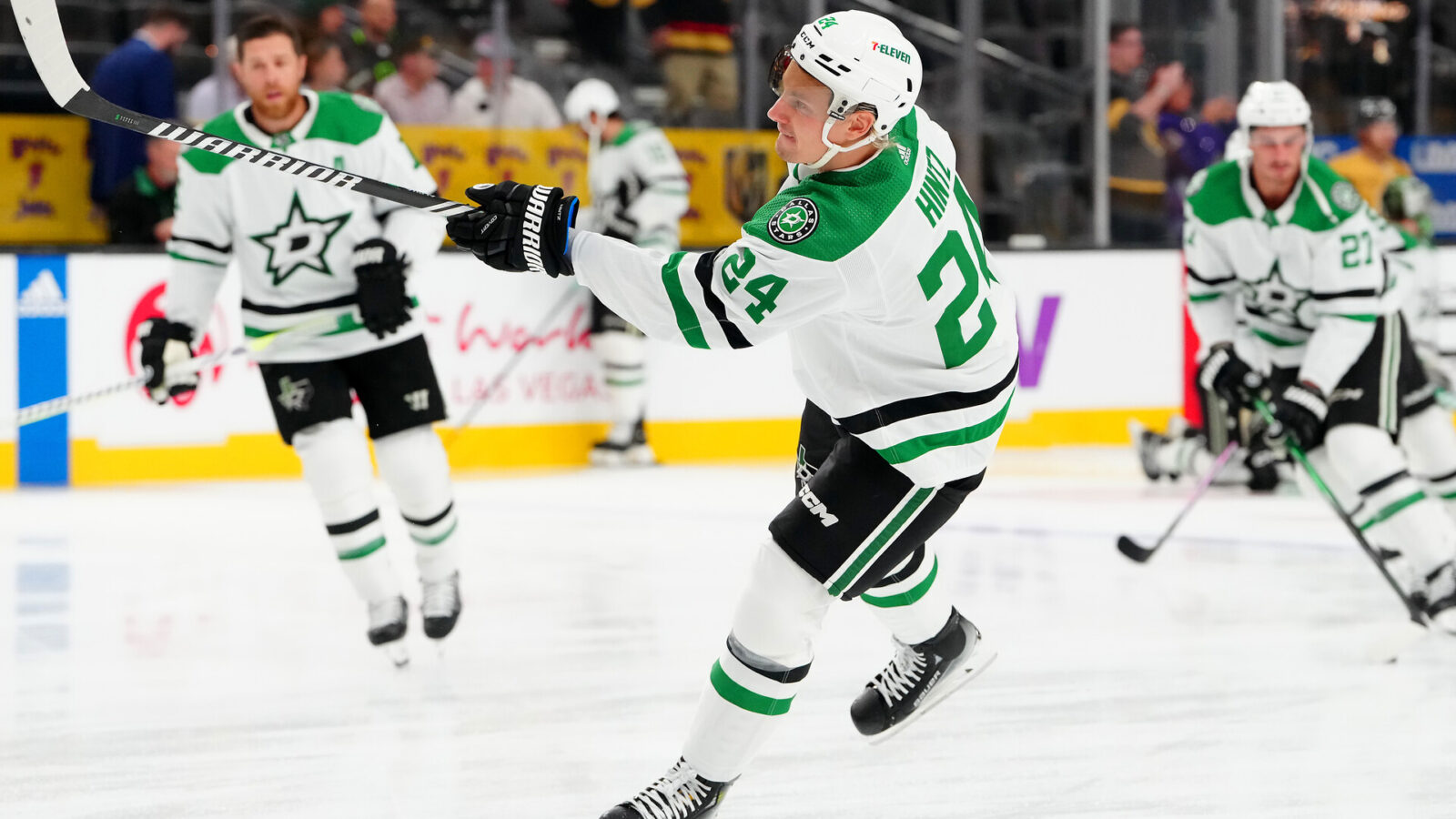 Oct 17, 2023; Las Vegas, Nevada, USA; Dallas Stars center Roope Hintz (24) warms up before a game against the Vegas Golden Knights at T-Mobile Arena.