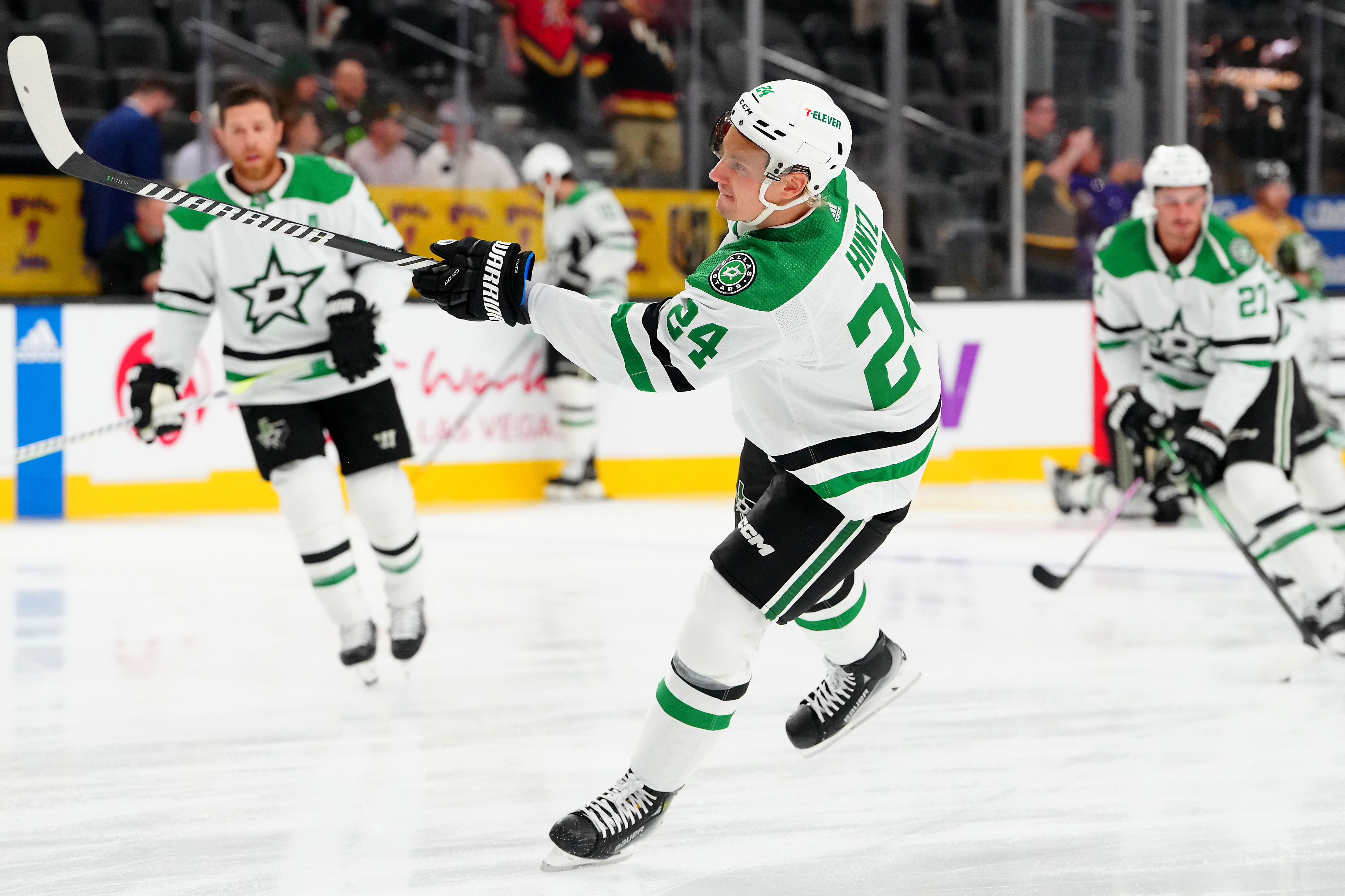 Oct 17, 2023; Las Vegas, Nevada, USA; Dallas Stars center Roope Hintz (24) warms up before a game against the Vegas Golden Knights at T-Mobile Arena.