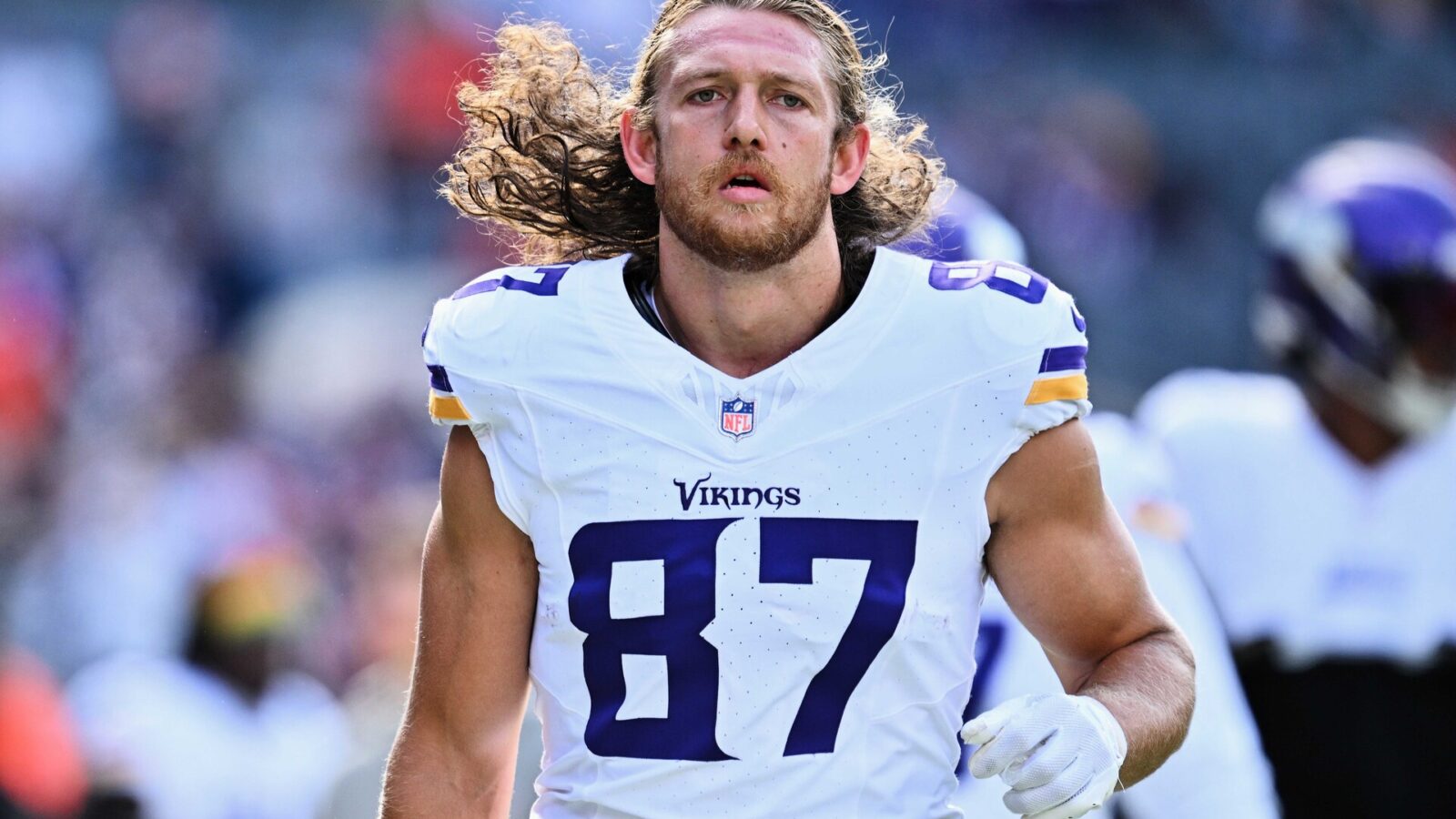 Oct 15, 2023; Chicago, Illinois, USA; Minnesota Vikings tight end T.J. Hockenson (87) warms up before a game against the Chicago Bears at Soldier Field.
