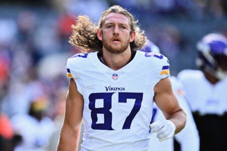 Oct 15, 2023; Chicago, Illinois, USA; Minnesota Vikings tight end T.J. Hockenson (87) warms up before a game against the Chicago Bears at Soldier Field.