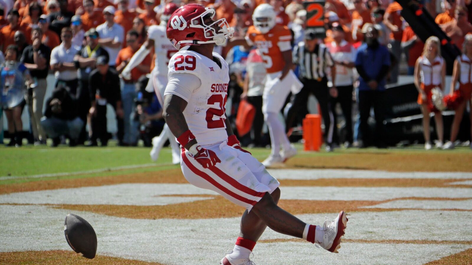 Oklahoma Sooners running back Tawee Walker (29) celebrates after a touchdown during the Red River Rivalry college football game between the University of Oklahoma Sooners (OU) and the University of Texas (UT) Longhorns at the Cotton Bowl in Dallas, Saturday, Oct. 7, 2023. Oklahoma won 34-30.