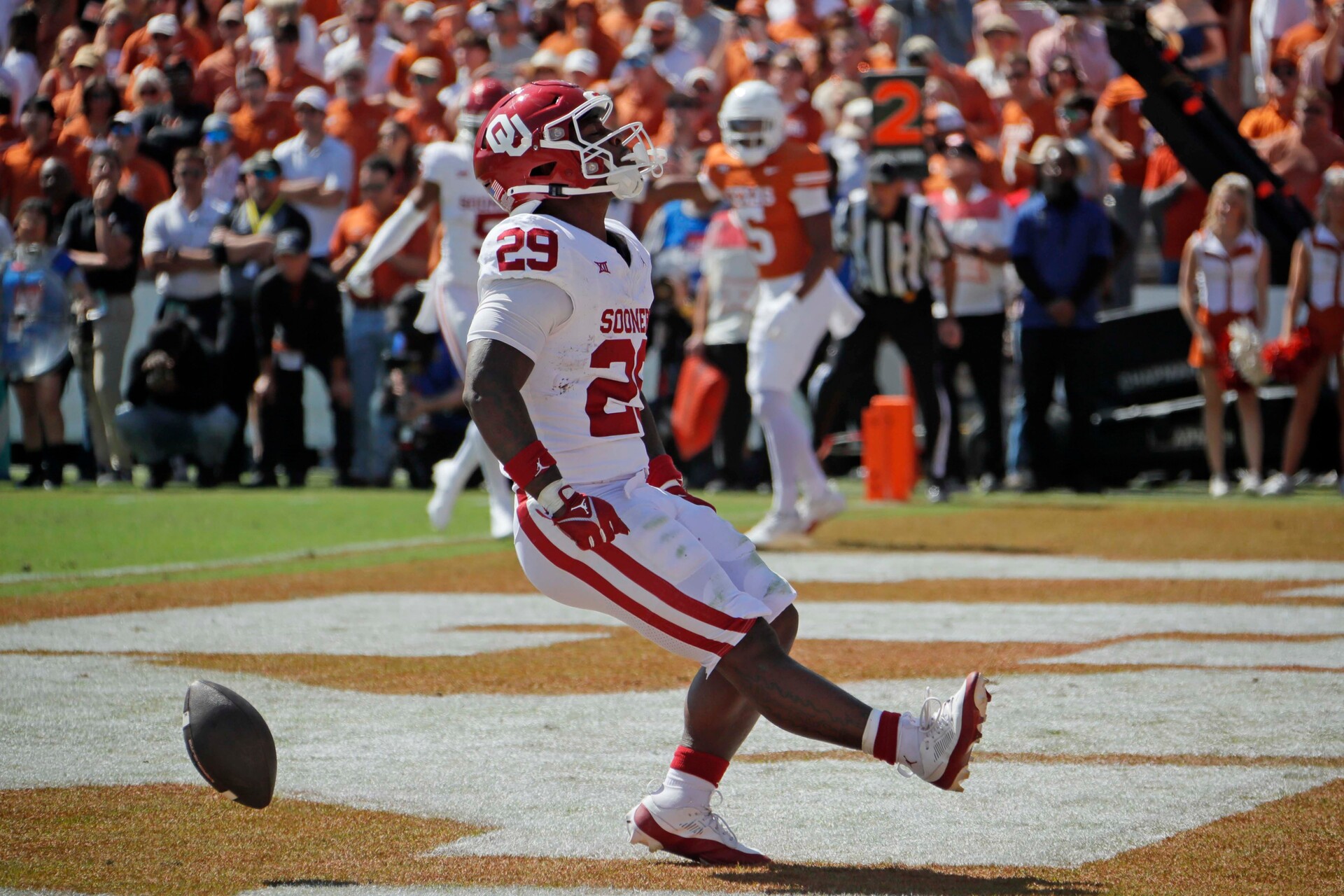 Oklahoma Sooners running back Tawee Walker (29) celebrates after a touchdown during the Red River Rivalry college football game between the University of Oklahoma Sooners (OU) and the University of Texas (UT) Longhorns at the Cotton Bowl in Dallas, Saturday, Oct. 7, 2023. Oklahoma won 34-30.