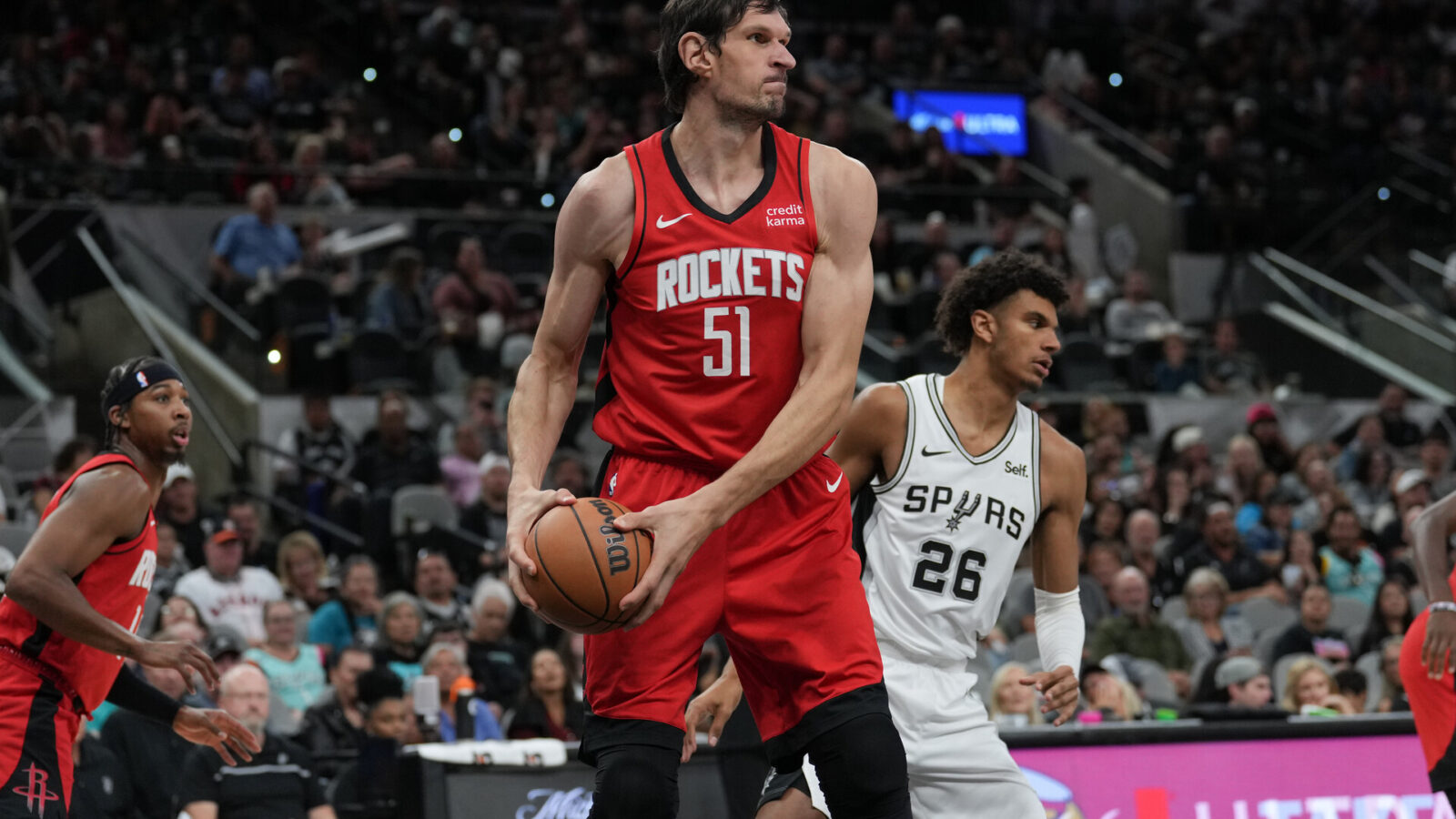 Oct 18, 2023; San Antonio, Texas, USA; Houston Rockets center Boban Marjanovic (51) looks to pass in the second half against the San Antonio Spurs at the Frost Bank Center.