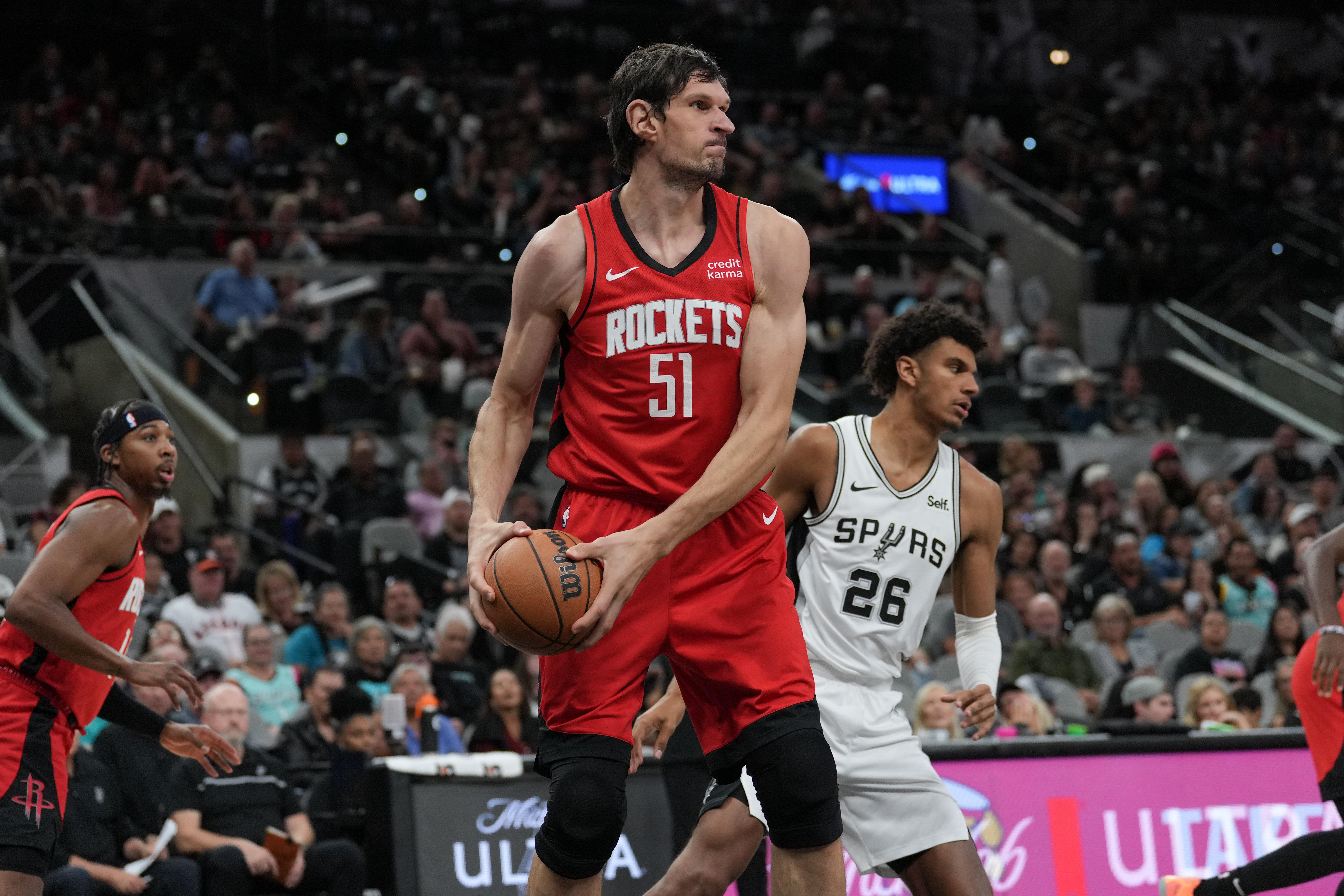 Oct 18, 2023; San Antonio, Texas, USA; Houston Rockets center Boban Marjanovic (51) looks to pass in the second half against the San Antonio Spurs at the Frost Bank Center.