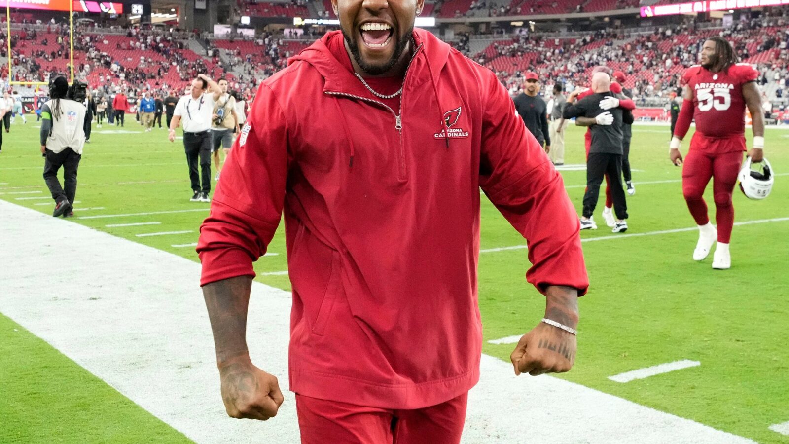 Arizona Cardinals safety Budda Baker celebrates their 28-16 win over the Dallas Cowboys at State Farm Stadium in Glendale on Sept. 24, 2023.