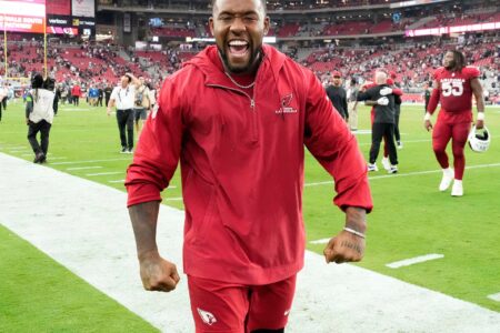 Arizona Cardinals safety Budda Baker celebrates their 28-16 win over the Dallas Cowboys at State Farm Stadium in Glendale on Sept. 24, 2023.