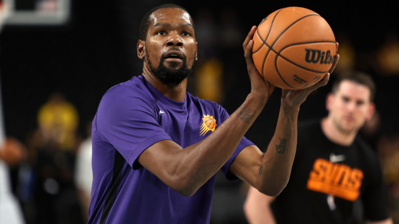 Oct 19, 2023; Palm Desert, California, USA; Phoenix Suns forward Kevin Durant (35) warms up before the game against the Los Angeles Lakers at Acrisure Arena.