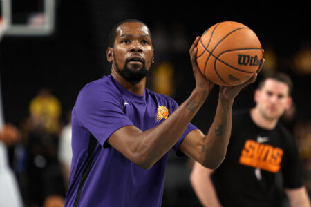 Oct 19, 2023; Palm Desert, California, USA; Phoenix Suns forward Kevin Durant (35) warms up before the game against the Los Angeles Lakers at Acrisure Arena.
