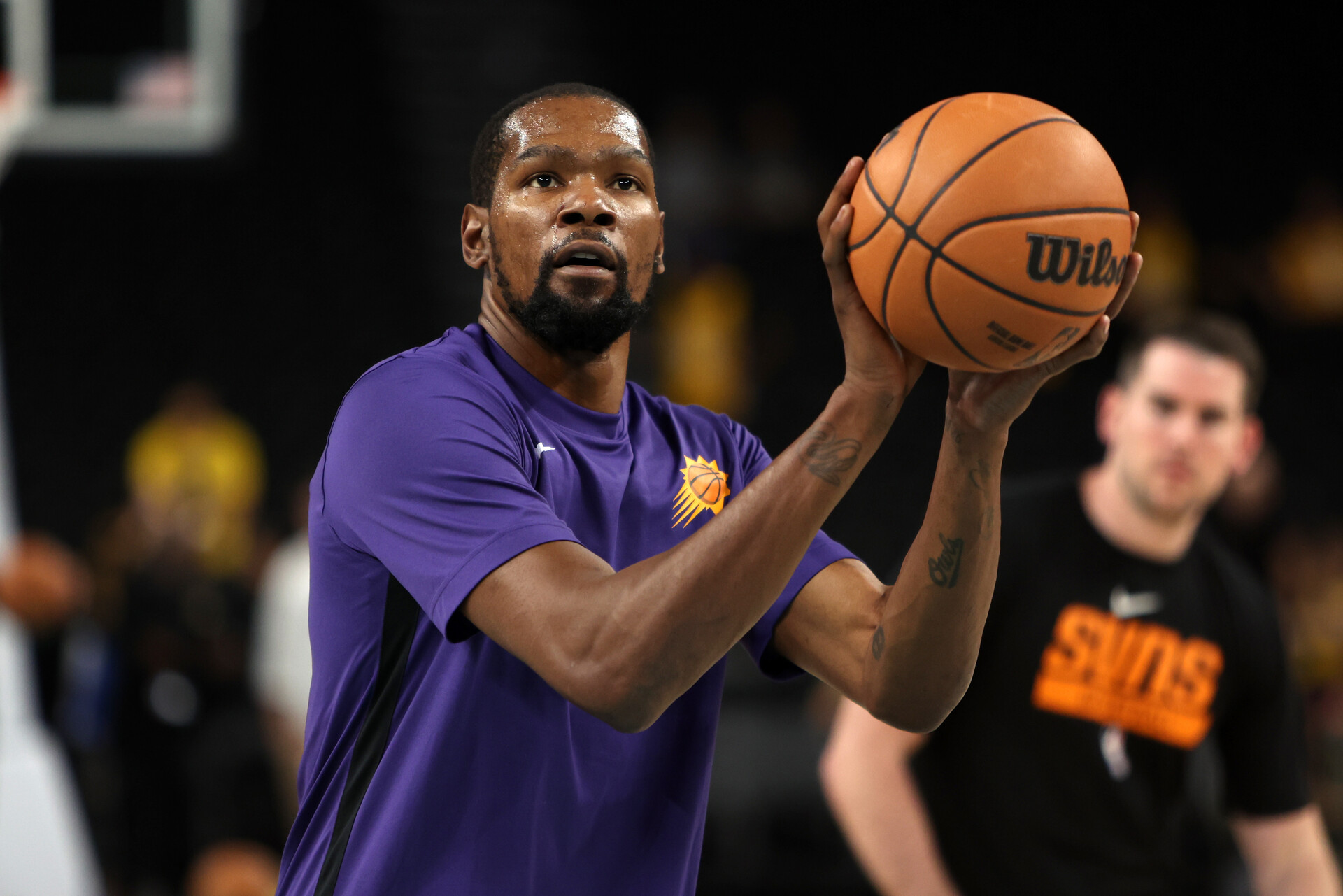 Oct 19, 2023; Palm Desert, California, USA; Phoenix Suns forward Kevin Durant (35) warms up before the game against the Los Angeles Lakers at Acrisure Arena.