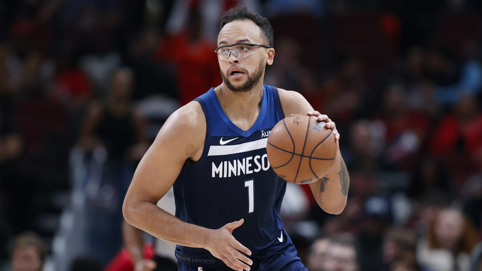 Oct 19, 2023; Chicago, Illinois, USA; Minnesota Timberwolves guard Anthony Edwards (1) brings the ball up court against the Chicago Bulls during the second half at United Center.