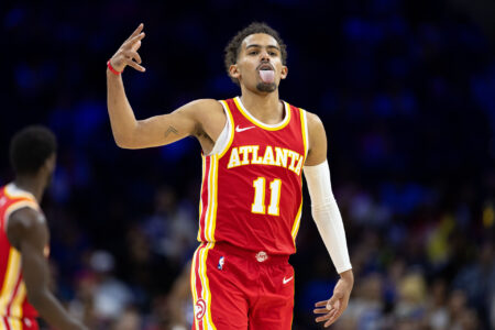 Oct 20, 2023; Philadelphia, Pennsylvania, USA; Atlanta Hawks guard Trae Young (11) reacts after a score against the Philadelphia 76ers during the third quarter at Wells Fargo Center.