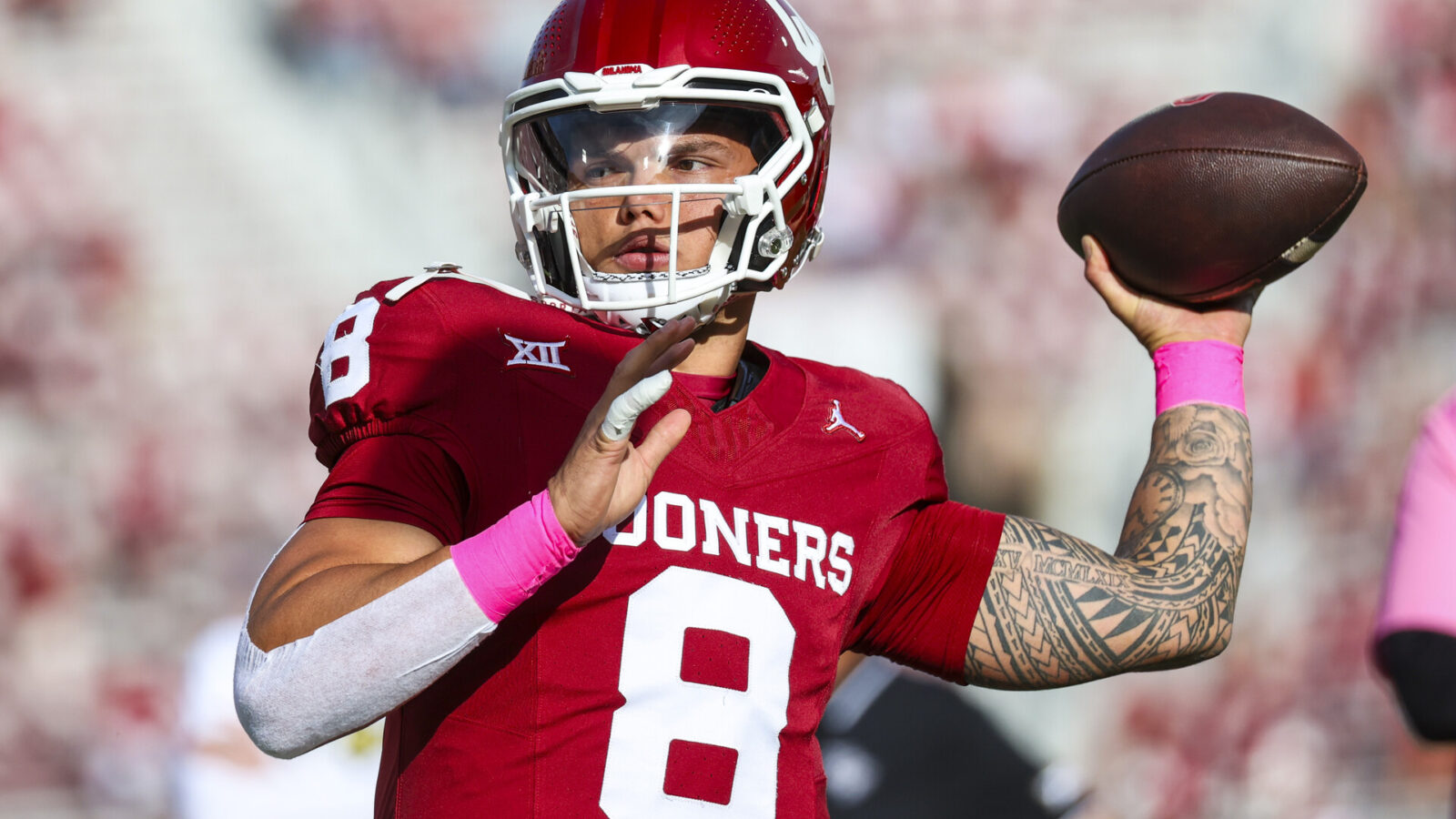 Oklahoma Sooners quarterback Dillon Gabriel (8) warms up before the game against the UCF Knights at Gaylord Family-Oklahoma Memorial Stadium.