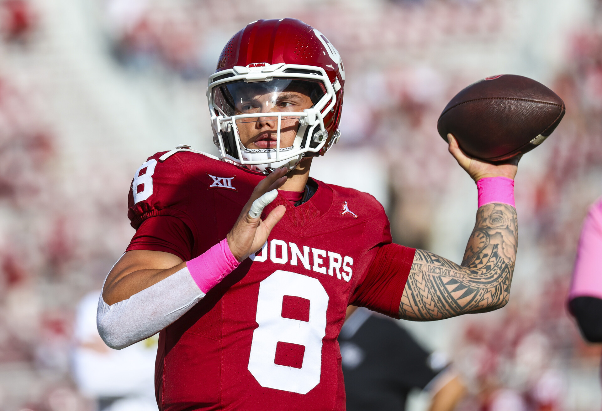 Oklahoma Sooners quarterback Dillon Gabriel (8) warms up before the game against the UCF Knights at Gaylord Family-Oklahoma Memorial Stadium.
