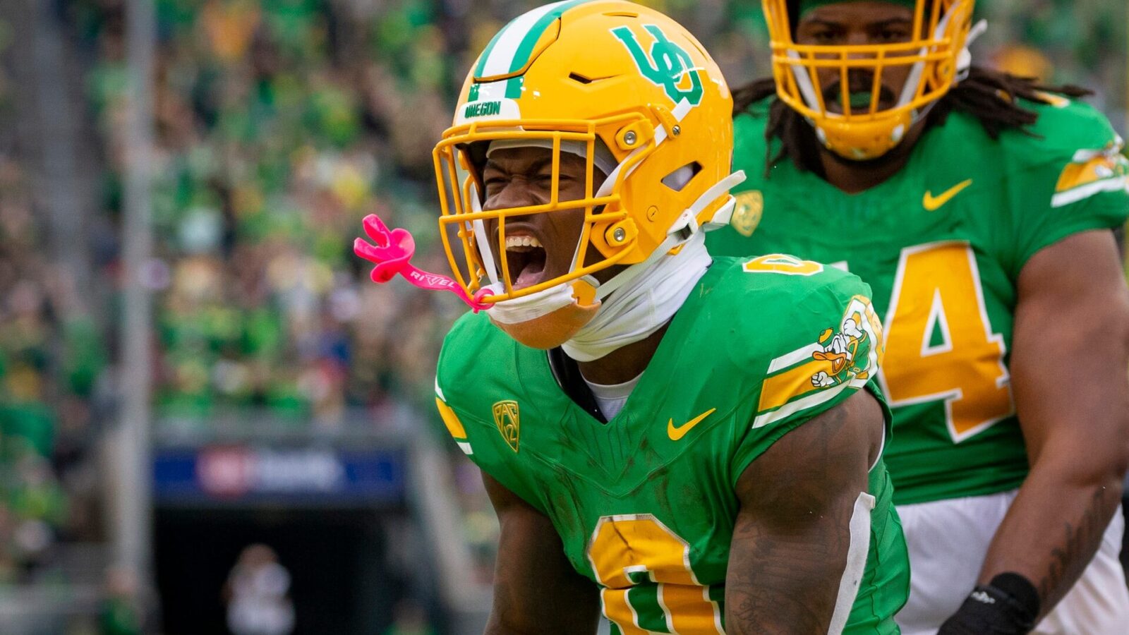 Oregon running back Bucky Irving celebrates a touchdown as the No. 9 Oregon Ducks host Washington State Saturday, Oct. 21, 2023, at Autzen Stadium in Eugene, Ore.