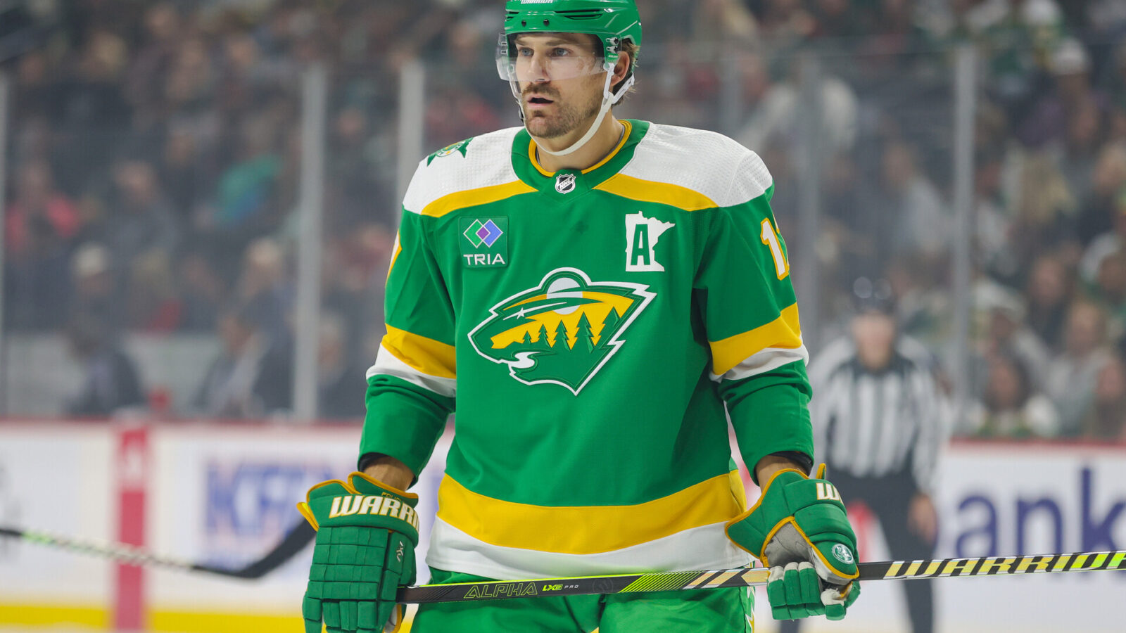 Oct 21, 2023; Saint Paul, Minnesota, USA; Minnesota Wild left wing Marcus Foligno (17) prepares for a face-off against the Columbus Blue Jackets during the first period at Xcel Energy Center.
