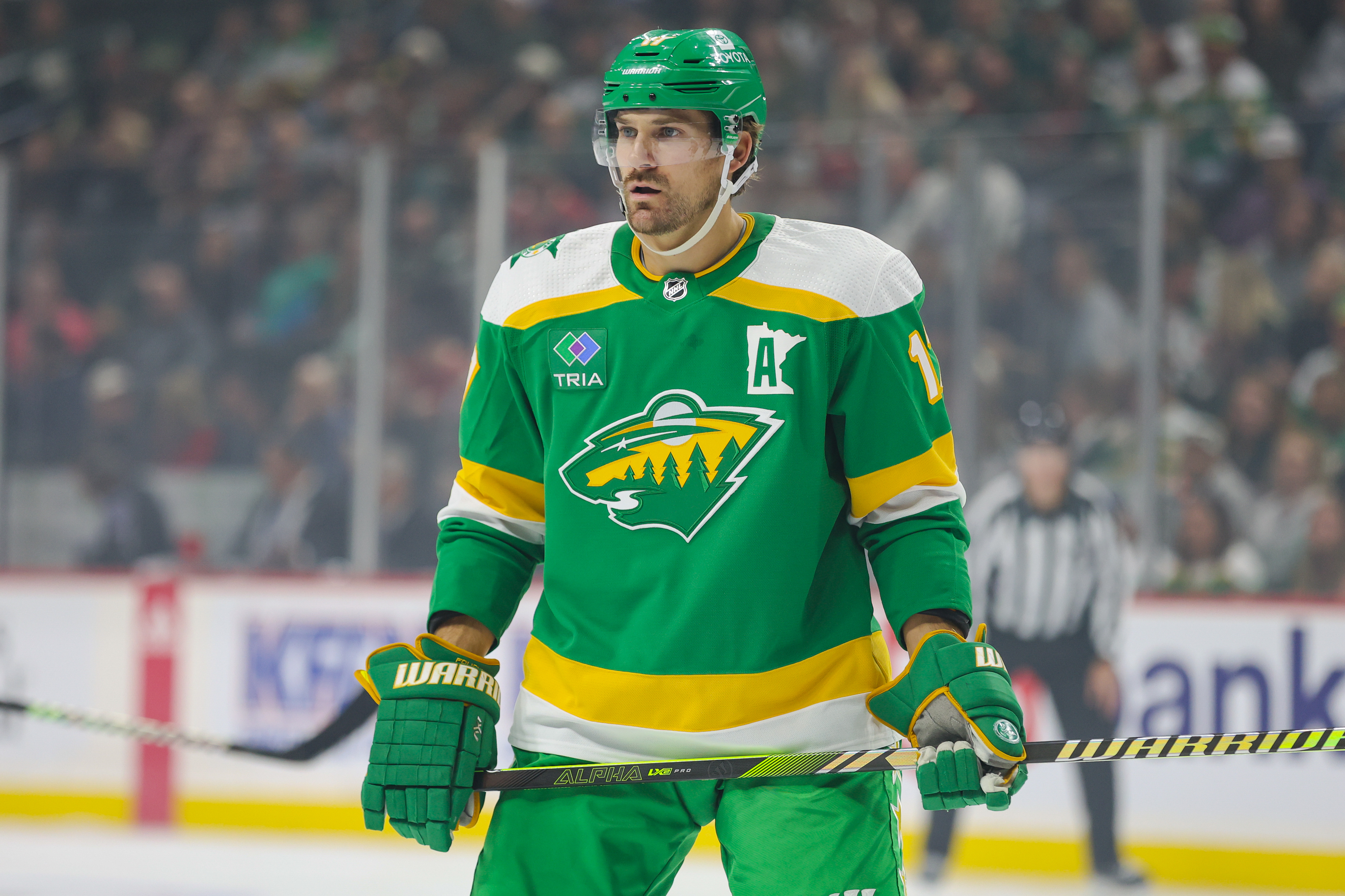 Oct 21, 2023; Saint Paul, Minnesota, USA; Minnesota Wild left wing Marcus Foligno (17) prepares for a face-off against the Columbus Blue Jackets during the first period at Xcel Energy Center.