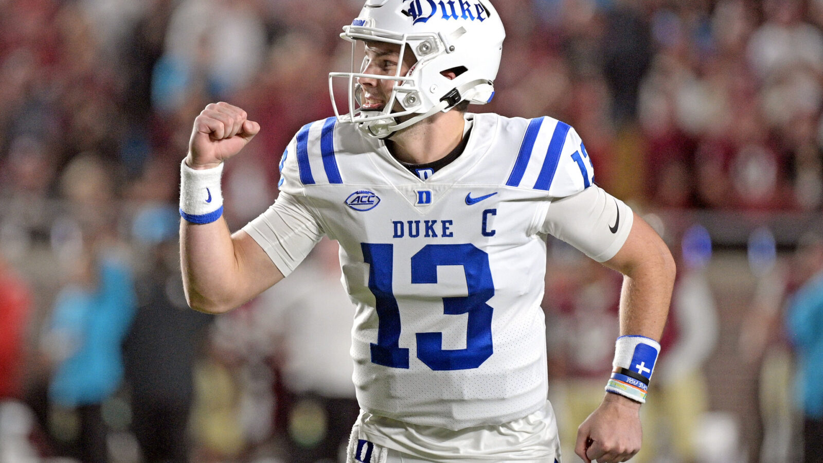 Oct 21, 2023; Tallahassee, Florida, USA; Duke Blue Devils quarterback Riley Leonard (13) celebrates a touchdown during the first quarter against the Florida State Seminoles at Doak S. Campbell Stadium.