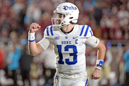 Oct 21, 2023; Tallahassee, Florida, USA; Duke Blue Devils quarterback Riley Leonard (13) celebrates a touchdown during the first quarter against the Florida State Seminoles at Doak S. Campbell Stadium.