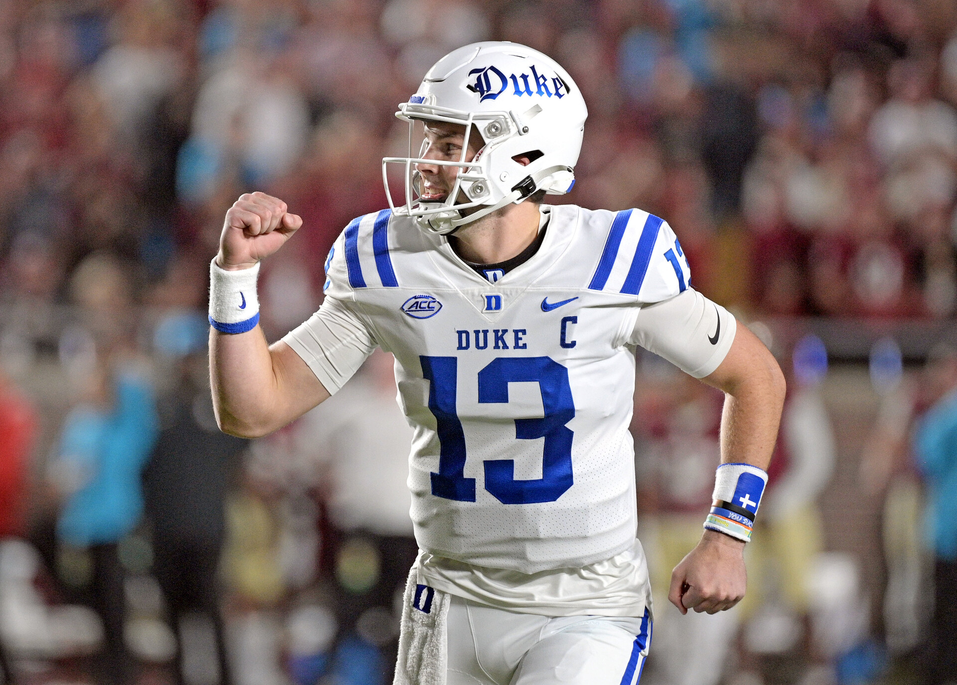 Oct 21, 2023; Tallahassee, Florida, USA; Duke Blue Devils quarterback Riley Leonard (13) celebrates a touchdown during the first quarter against the Florida State Seminoles at Doak S. Campbell Stadium.