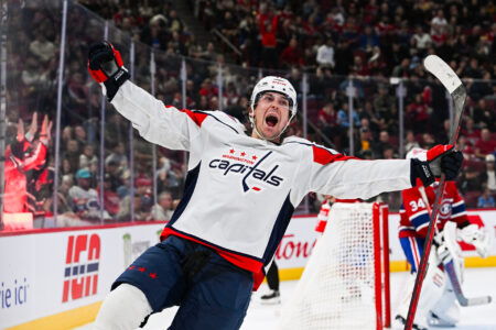 Washington Capitals center Dylan Strome (17) celebrates his second goal of the game against the Montreal Canadiens during the third period at Bell Centre.