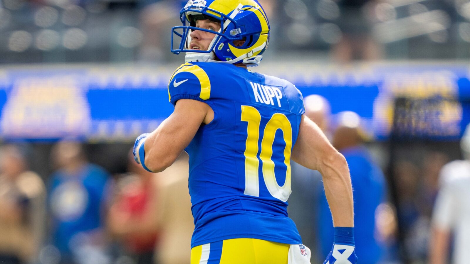 October 15, 2023; Inglewood, California, USA; Los Angeles Rams wide receiver Cooper Kupp (10) before the game against the Arizona Cardinals at SoFi Stadium.