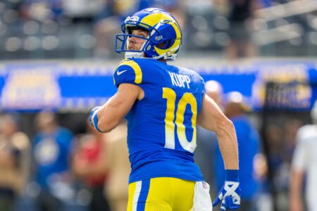 October 15, 2023; Inglewood, California, USA; Los Angeles Rams wide receiver Cooper Kupp (10) before the game against the Arizona Cardinals at SoFi Stadium.
