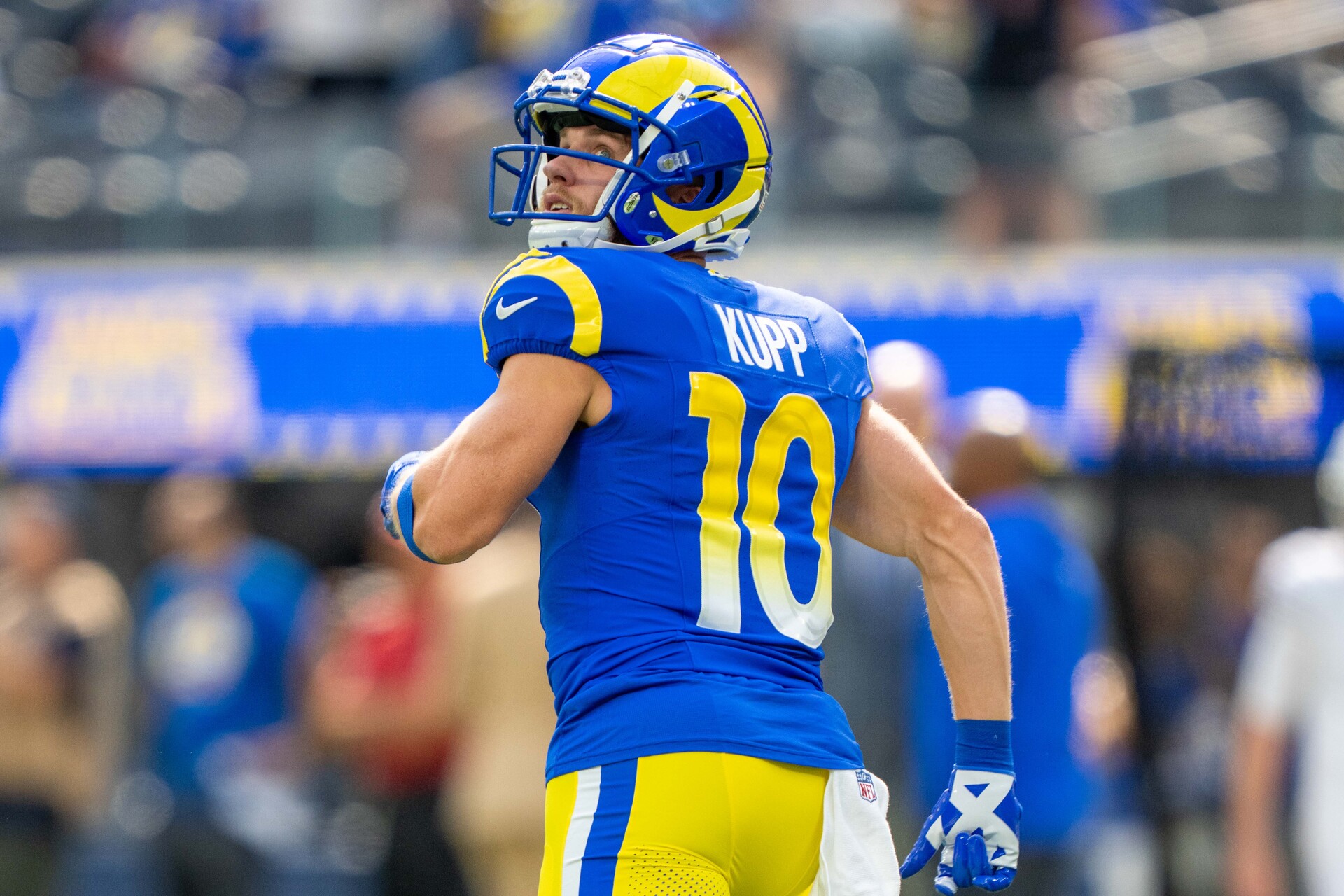 October 15, 2023; Inglewood, California, USA; Los Angeles Rams wide receiver Cooper Kupp (10) before the game against the Arizona Cardinals at SoFi Stadium.