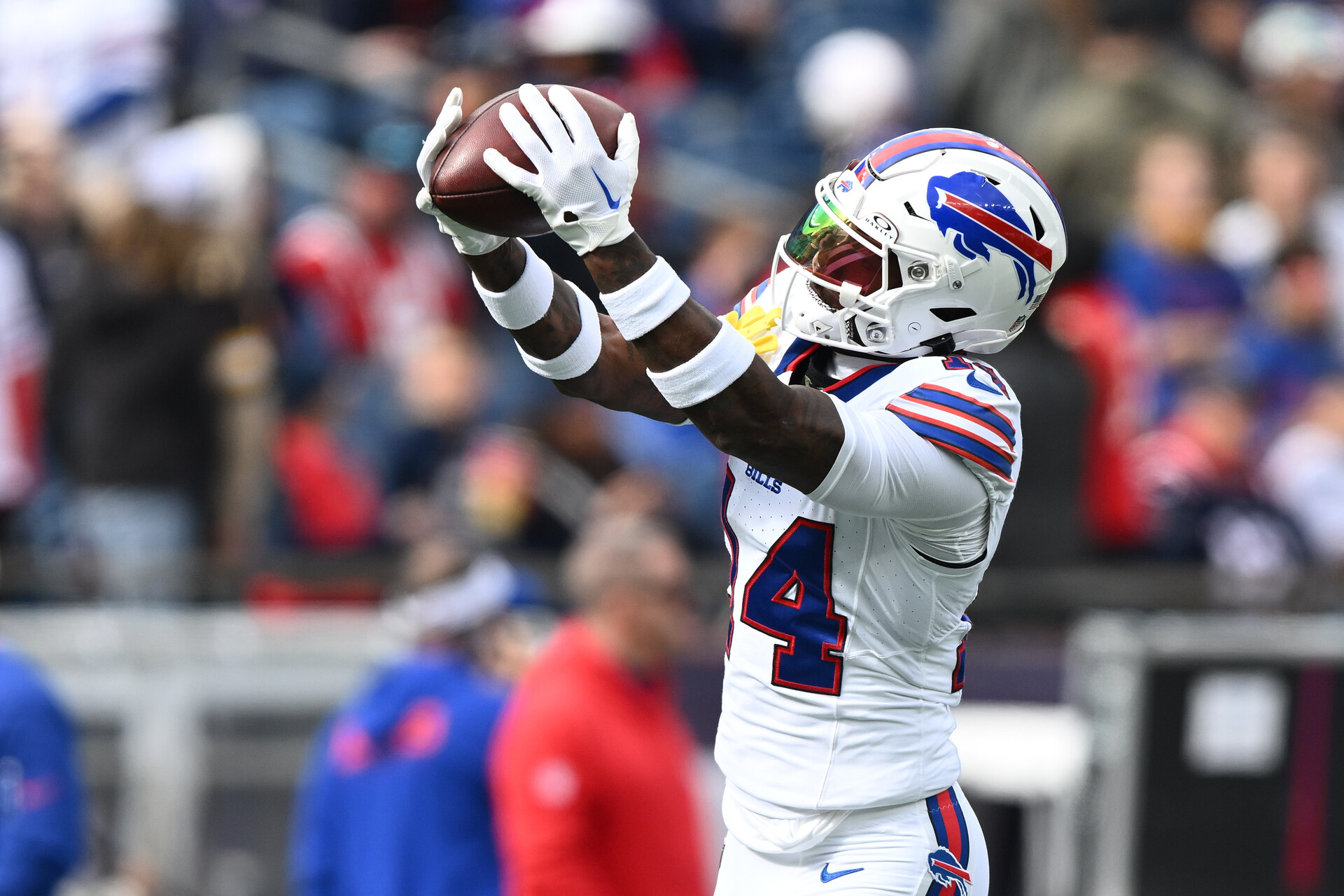 Oct 22, 2023; Foxborough, Massachusetts, USA; Buffalo Bills wide receiver Stefon Diggs (14) makes a catch during warmups before a game against the New England Patriots at Gillette Stadium.