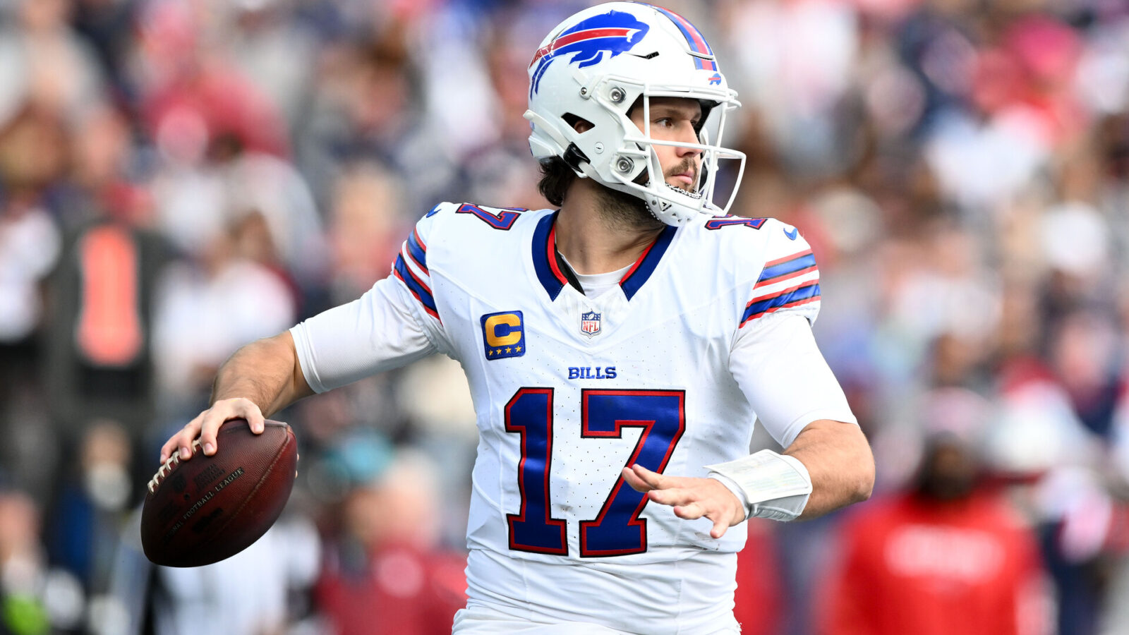 Oct 22, 2023; Foxborough, Massachusetts, USA; Buffalo Bills quarterback Josh Allen (17) throws against the New England Patriots during the first half at Gillette Stadium.