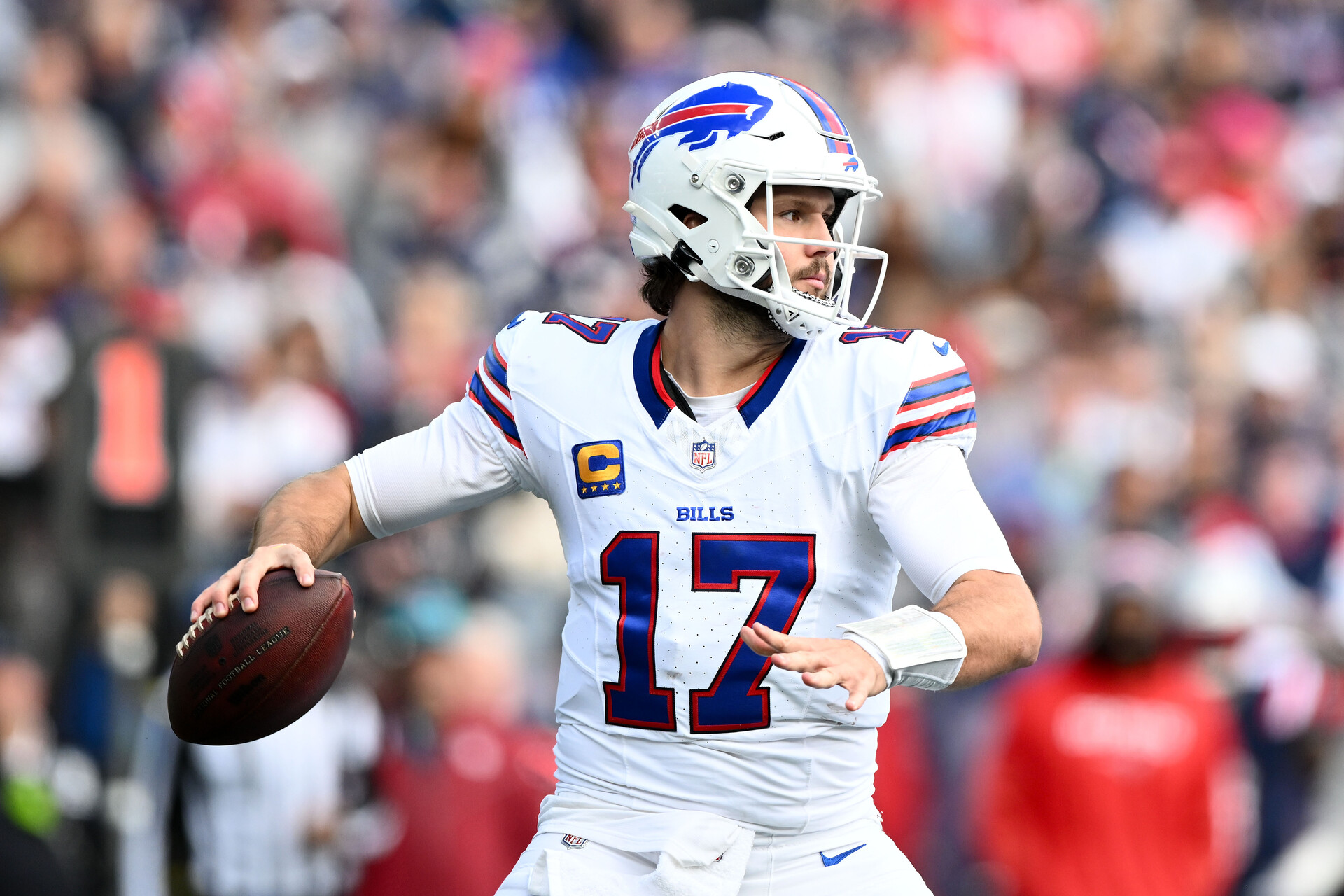 Oct 22, 2023; Foxborough, Massachusetts, USA; Buffalo Bills quarterback Josh Allen (17) throws against the New England Patriots during the first half at Gillette Stadium.