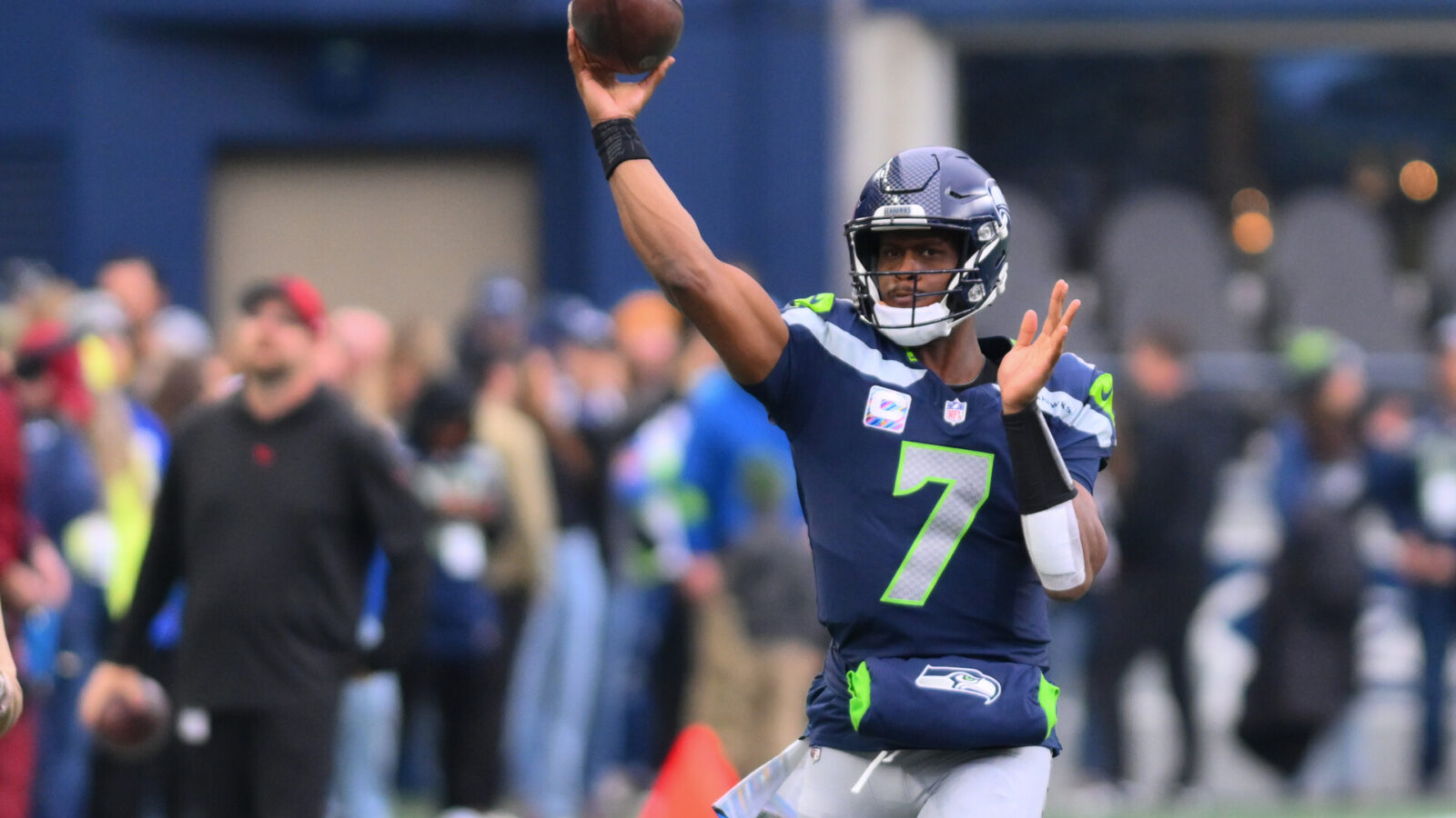 Oct 22, 2023; Seattle, Washington, USA; Seattle Seahawks quarterback Geno Smith (7) during pre-game warmups before the game against the Arizona Cardinals at Lumen Field.