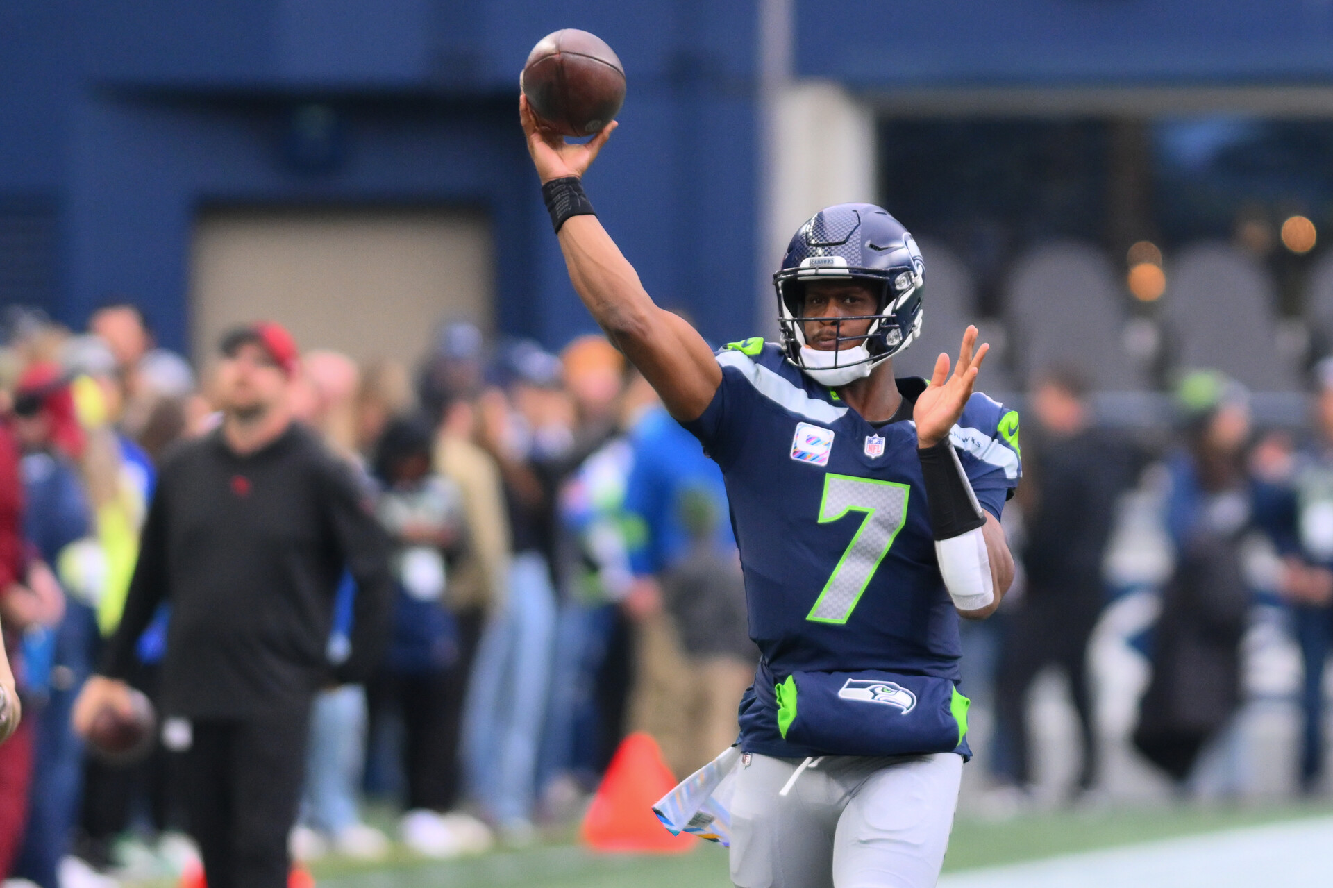 Oct 22, 2023; Seattle, Washington, USA; Seattle Seahawks quarterback Geno Smith (7) during pre-game warmups before the game against the Arizona Cardinals at Lumen Field.