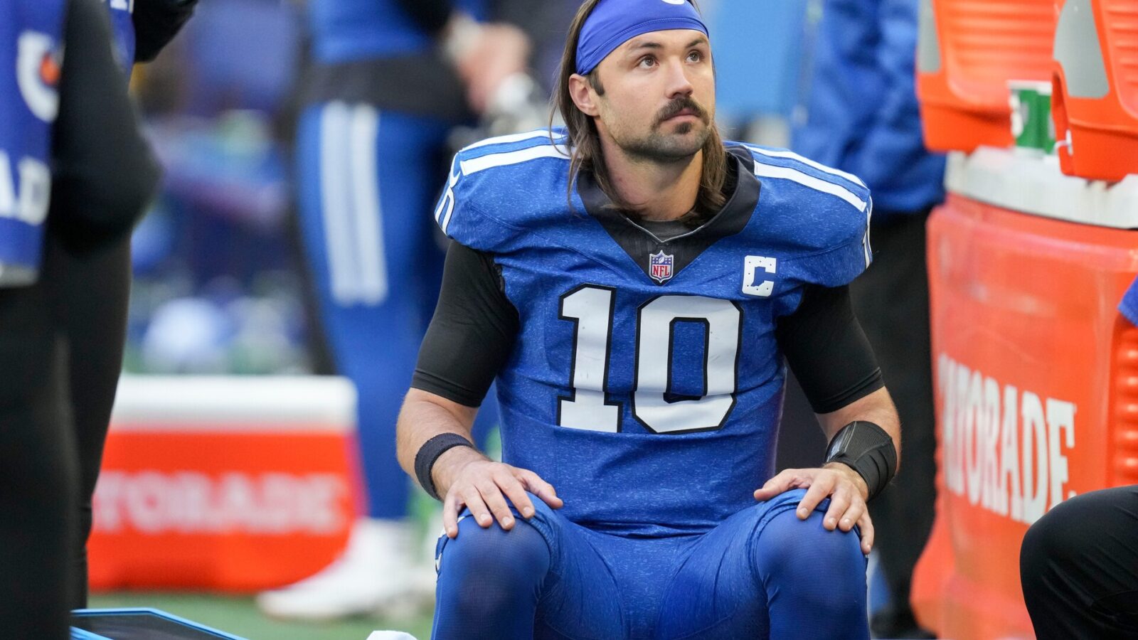Indianapolis Colts quarterback Gardner Minshew II (10) sits on the bench between plays Sunday, Oct. 22, 2023, during a game against the Cleveland Browns at Lucas Oil Stadium in Indianapolis.