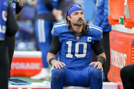 Indianapolis Colts quarterback Gardner Minshew II (10) sits on the bench between plays Sunday, Oct. 22, 2023, during a game against the Cleveland Browns at Lucas Oil Stadium in Indianapolis.